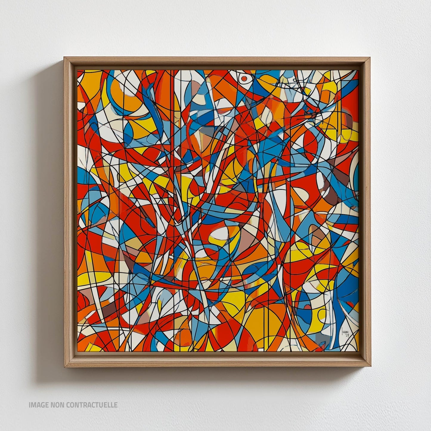 Œuvre 'AGITATION' sur cadre flottant en bois clair, lignes noires et couleurs rouge, bleu, jaune, orange sur Dibond, style abstrait dynamique, 2024