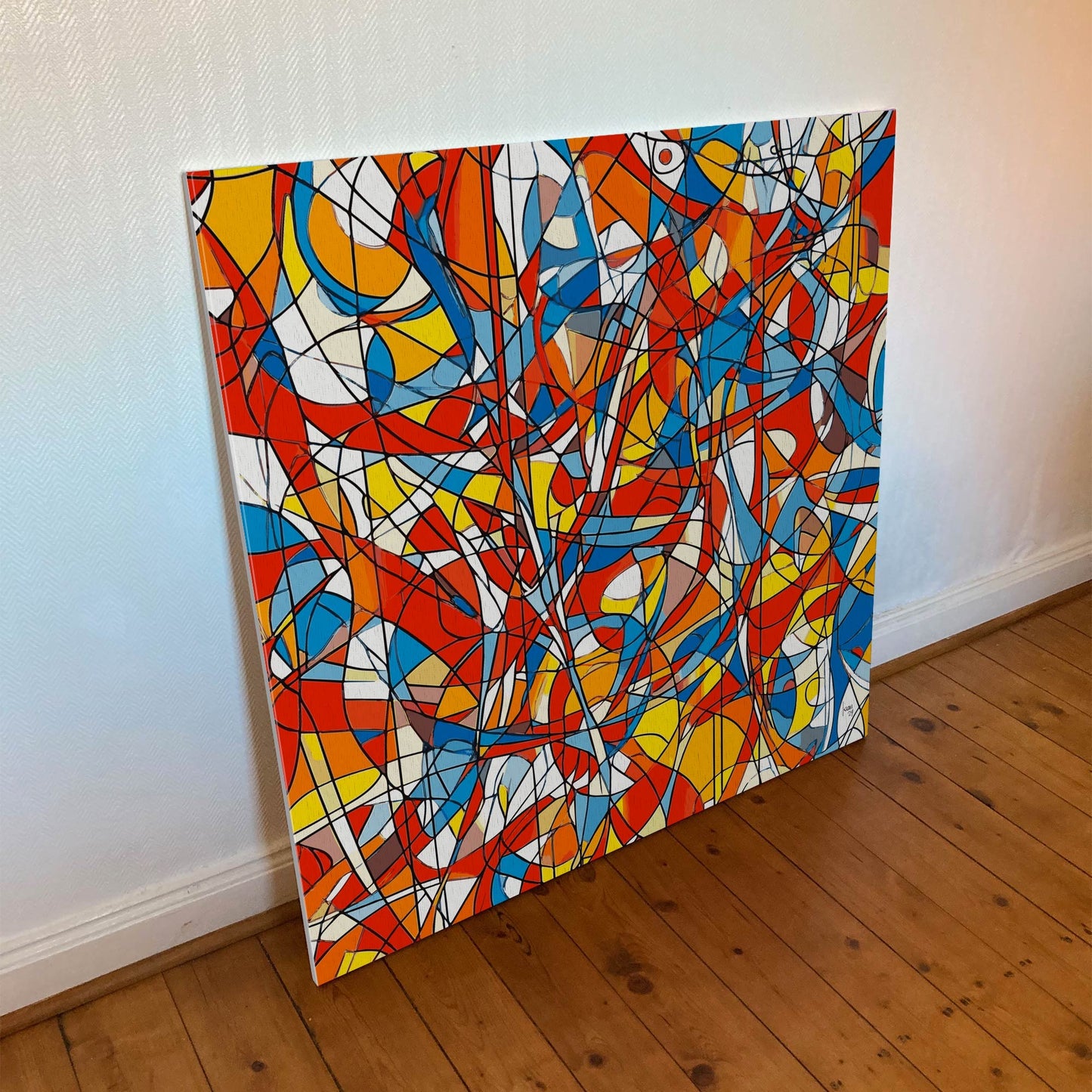 Œuvre 'AGITATION' sur toile Hahnemühle Canvas Goya 340g, lignes noires et couleurs vives rouge, bleu, jaune, orange, art abstrait expressif, 2024