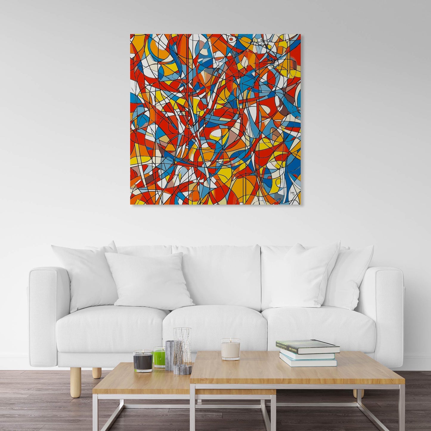 Œuvre 'AGITATION' exposée dans un salon moderne, lignes noires et couleurs rouge, bleu, jaune, orange, décoration intérieure vibrante, 2024