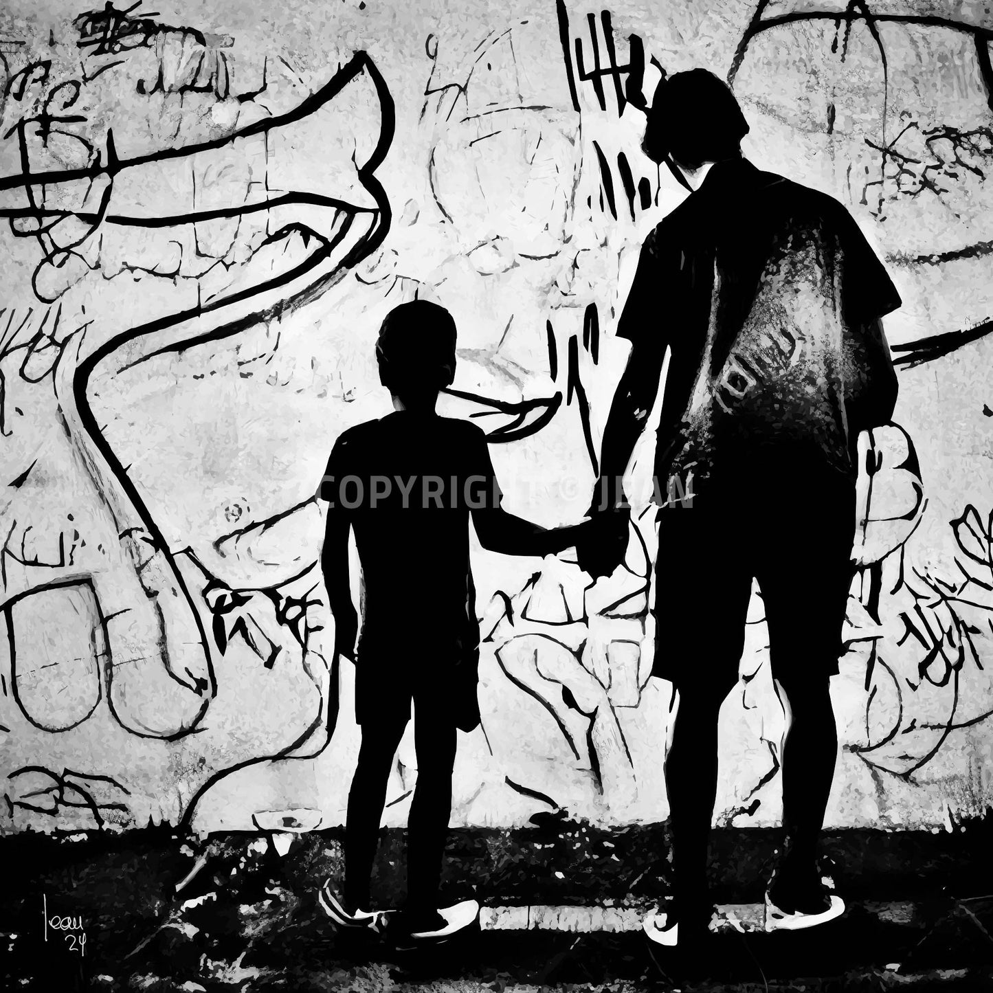 Œuvre en noir et blanc intitulée "Paternité", silhouette d’un adulte tenant la main d’un enfant devant un mur couvert de graffitis abstraits.