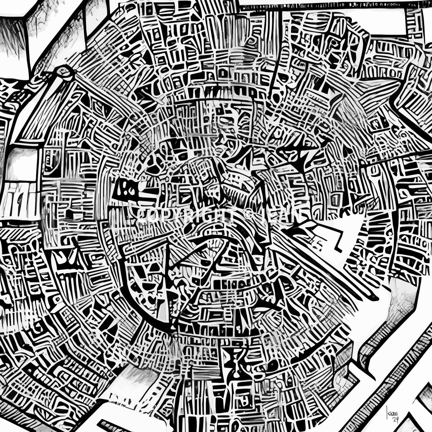 Œuvre graphique en noir et blanc intitulée "Matrice", dessin labyrinthique aux lignes denses et géométriques, à l’encre noire sur fond blanc.