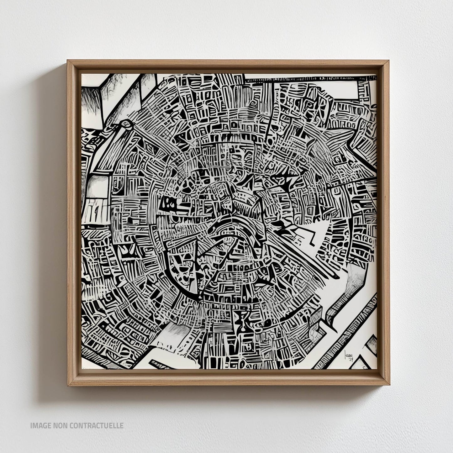 Œuvre "Matrice" sur caisse américaine 110×110 cm, composition graphique en noir et blanc avec un cadre en bois clair posée contre un mur blanc.