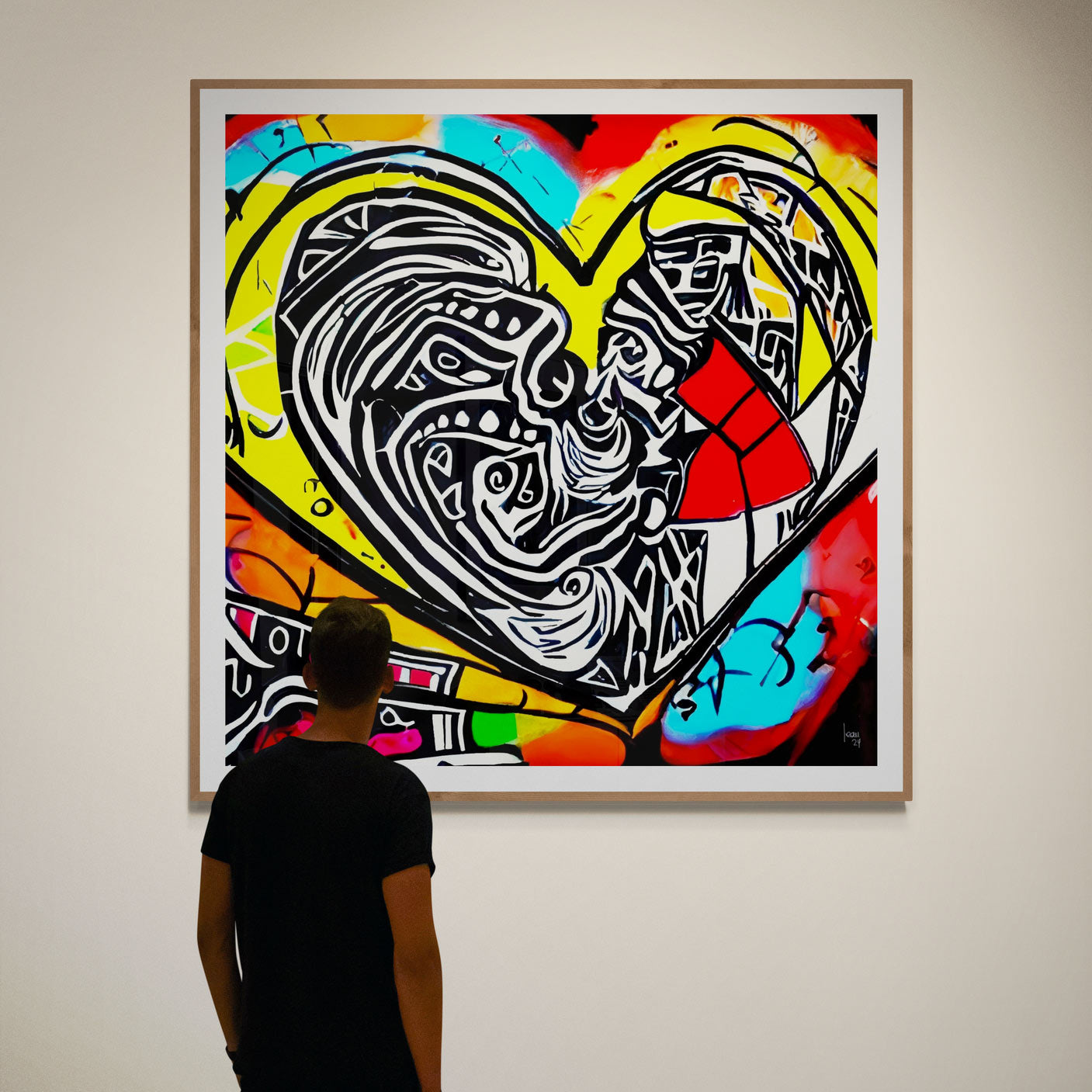 Tableau 'Espoir' accroché sous cadre dans une galerie d'art, cœur aux éclats de noir, blanc, rouge, jaune, bleu et orange