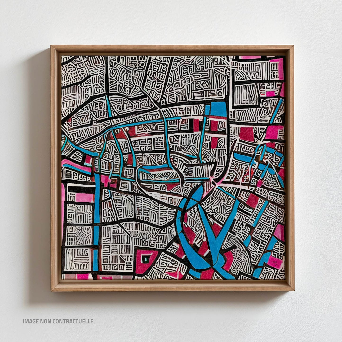 Œuvre 'CONFLUENCE' sur cadre flottant en bois clair, labyrinthe bleu et rose sur Dibond, style abstrait urbain émotionnel, 2024