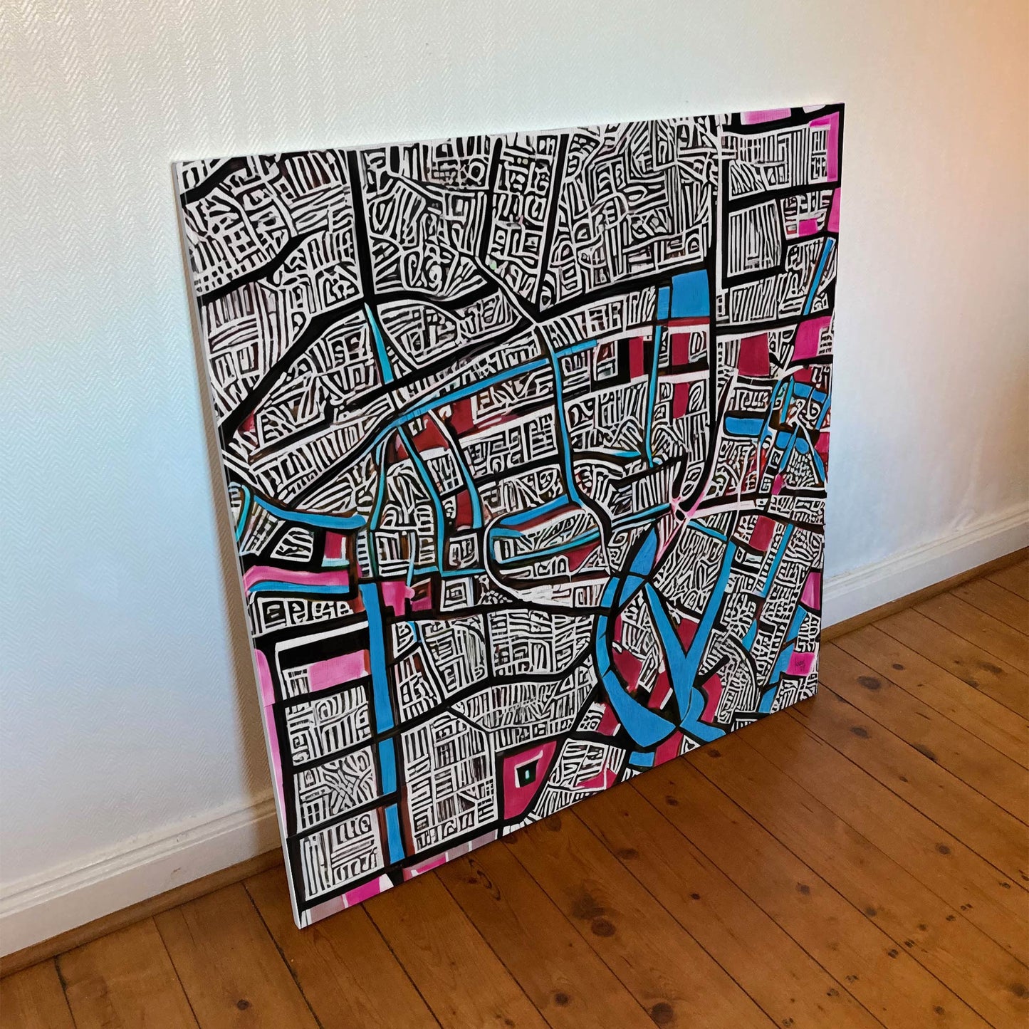 Œuvre 'CONFLUENCE' sur toile Hahnemühle Canvas Goya 340g, labyrinthe graphique bleu et rose, art abstrait poétique moderne, 2024