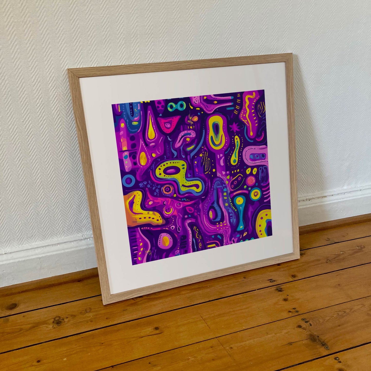 Œuvre encadrée "Cellulaire" au format 50×50 cm, impression d’art mêlant abstraction, mouvement et textures cellulaires.