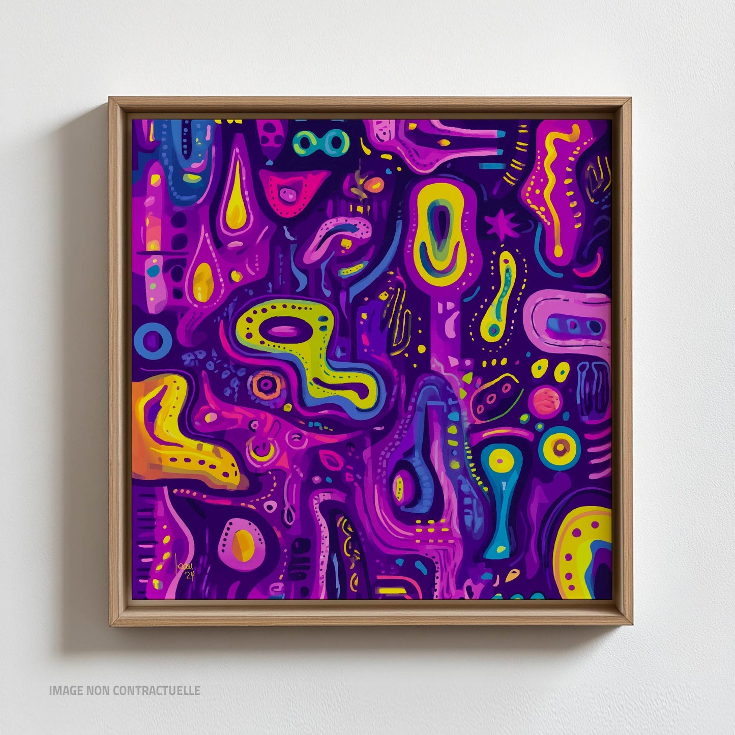 Œuvre sur caisse américaine "Cellulaire" 110×110 cm, impression d’art mêlant abstraction, mouvement et textures cellulaires.