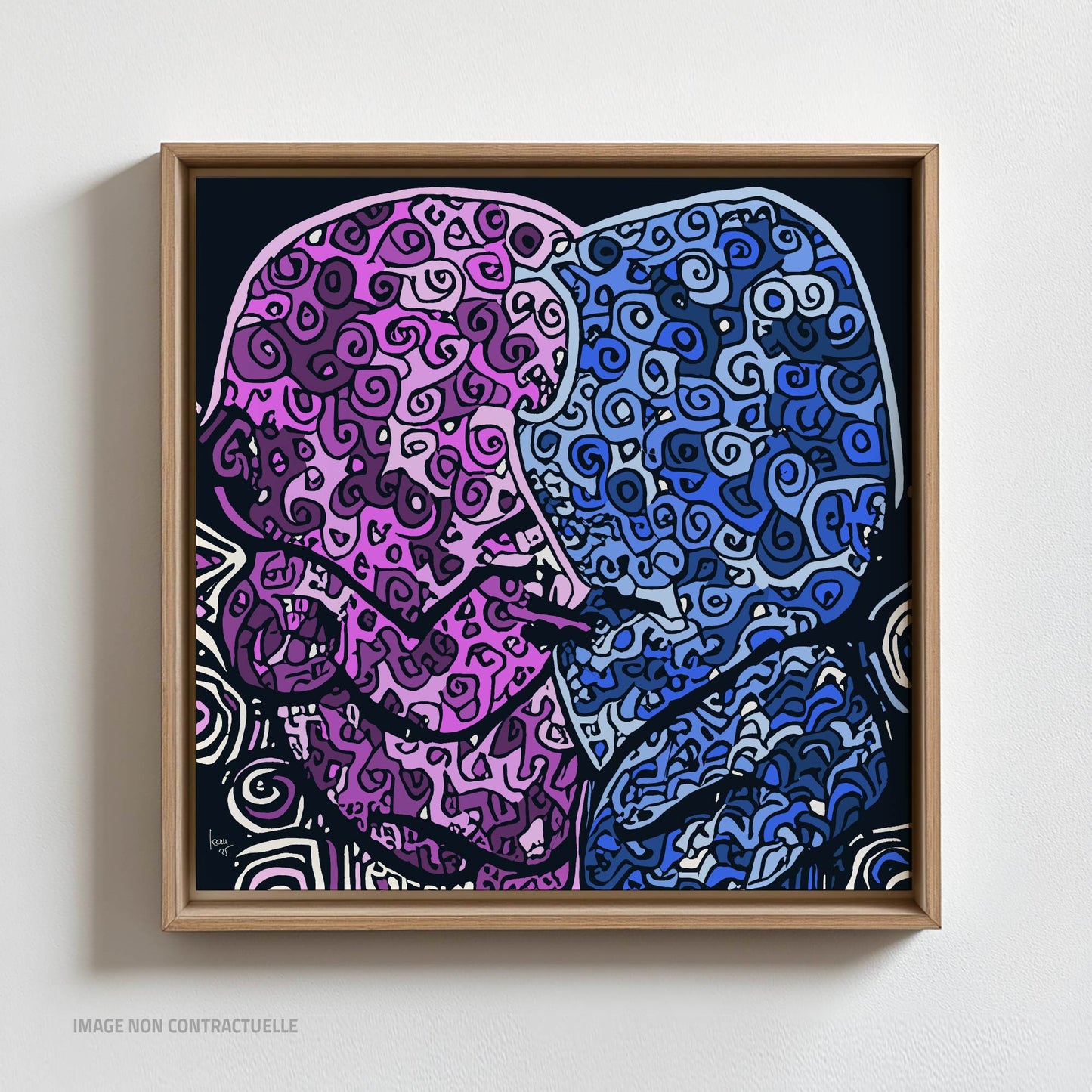 Présentation encadrée de mon oeuvre "Twins" montée sur caisse américaine format 110x110cm