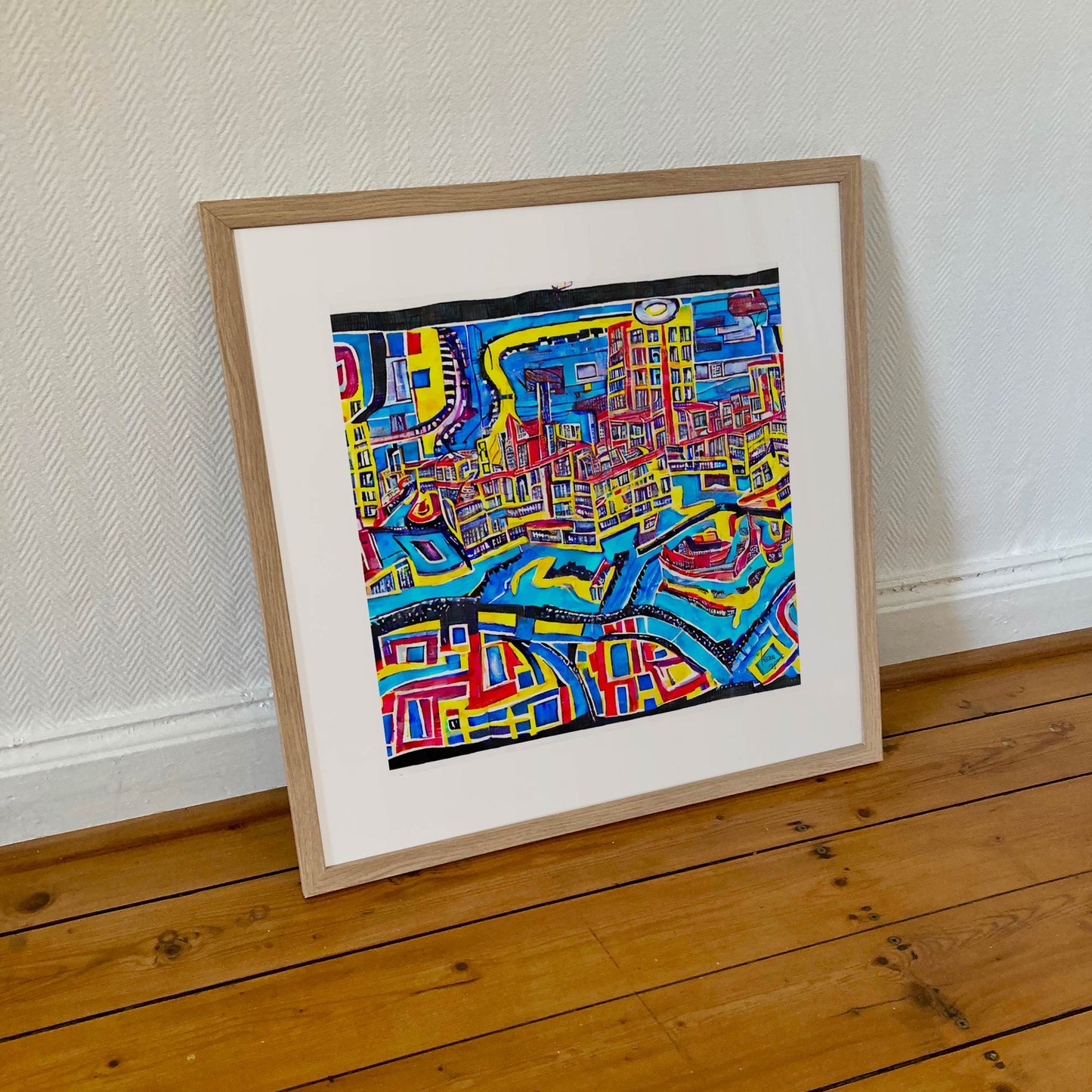 Tirage d’art "Canaux" encadré format 50x50 cm, une création artistique contemporaine aux inspirations urbaines autours de canaux.