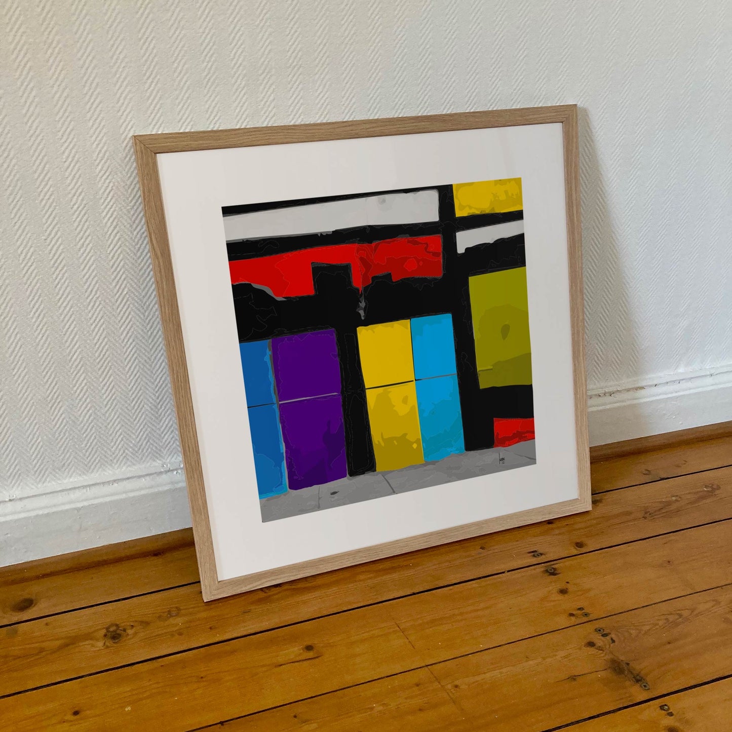 Tirage d'art "Les Vitrines" 50x50 cm sous cadre - œuvre numérique contemporaine aux vitrines colorées en édition limitée.