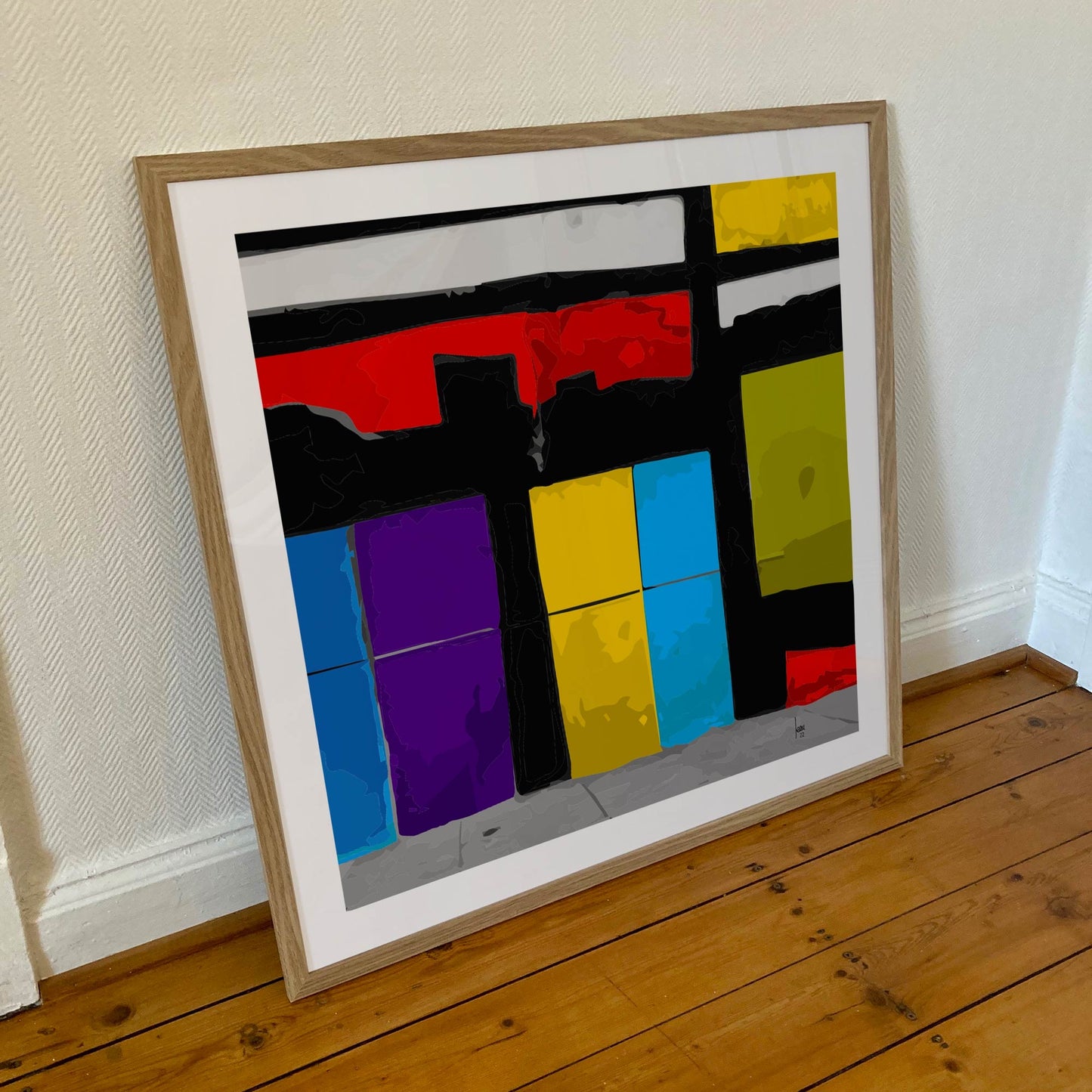 Tirage d'art "Les Vitrines" encadré 70x70 cm, abstrait contemporain avec vitrines urbaines colorées - édition limitée sur limonadebleue.com