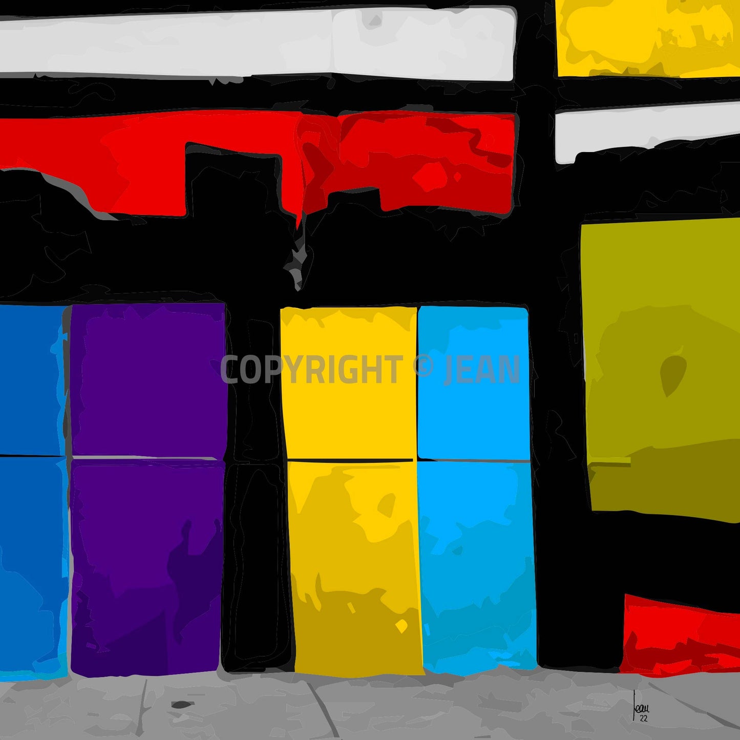 Œuvre numérique contemporaine "Les Vitrines" - tirage d'art haut de gamme avec vitrines colorées et style abstrait urbain, édition limitée disponible sur limonadebleue.com