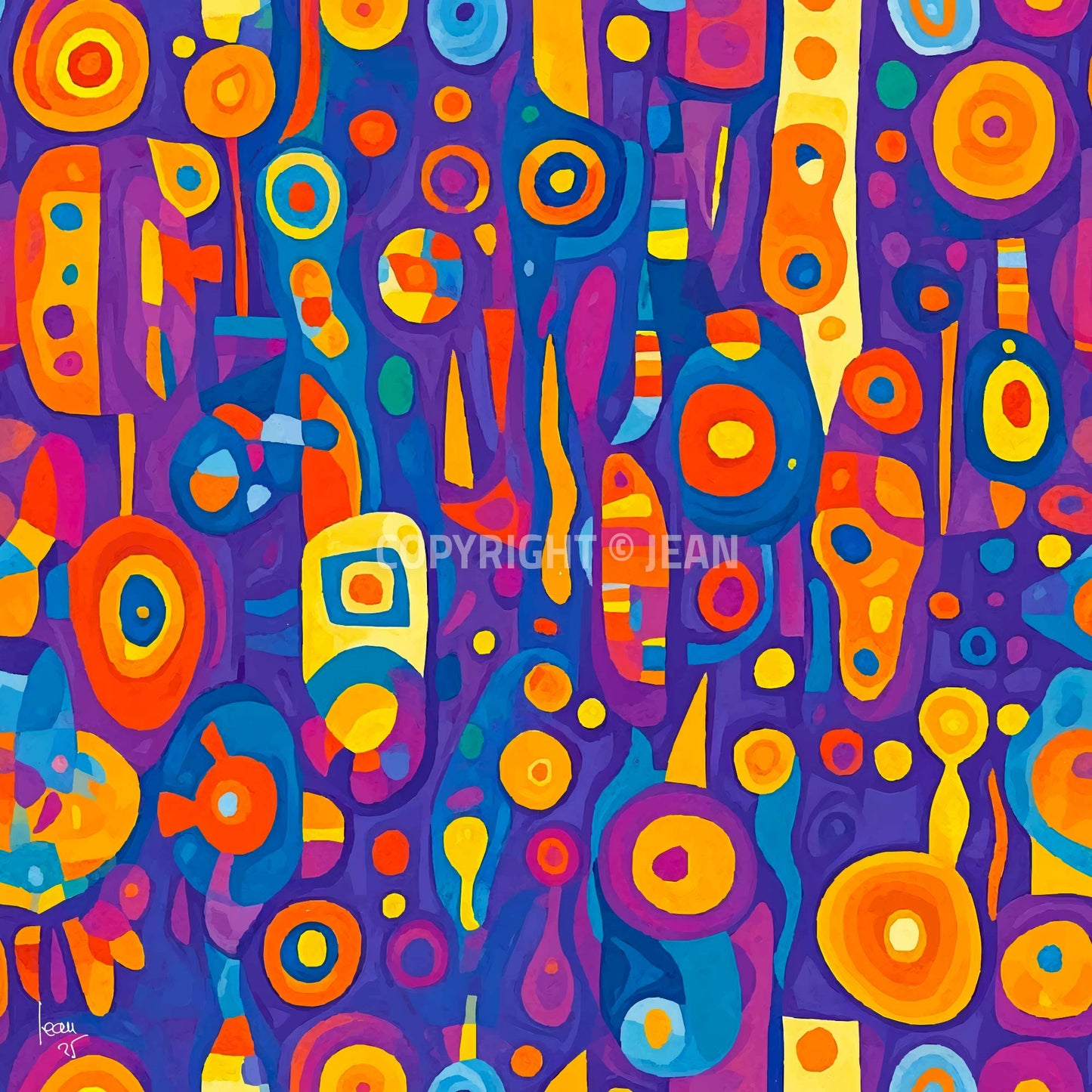 Œuvre numérique Ébullition : composition abstraite colorée mêlant formes circulaires et lignes fluides sur fond dynamique.