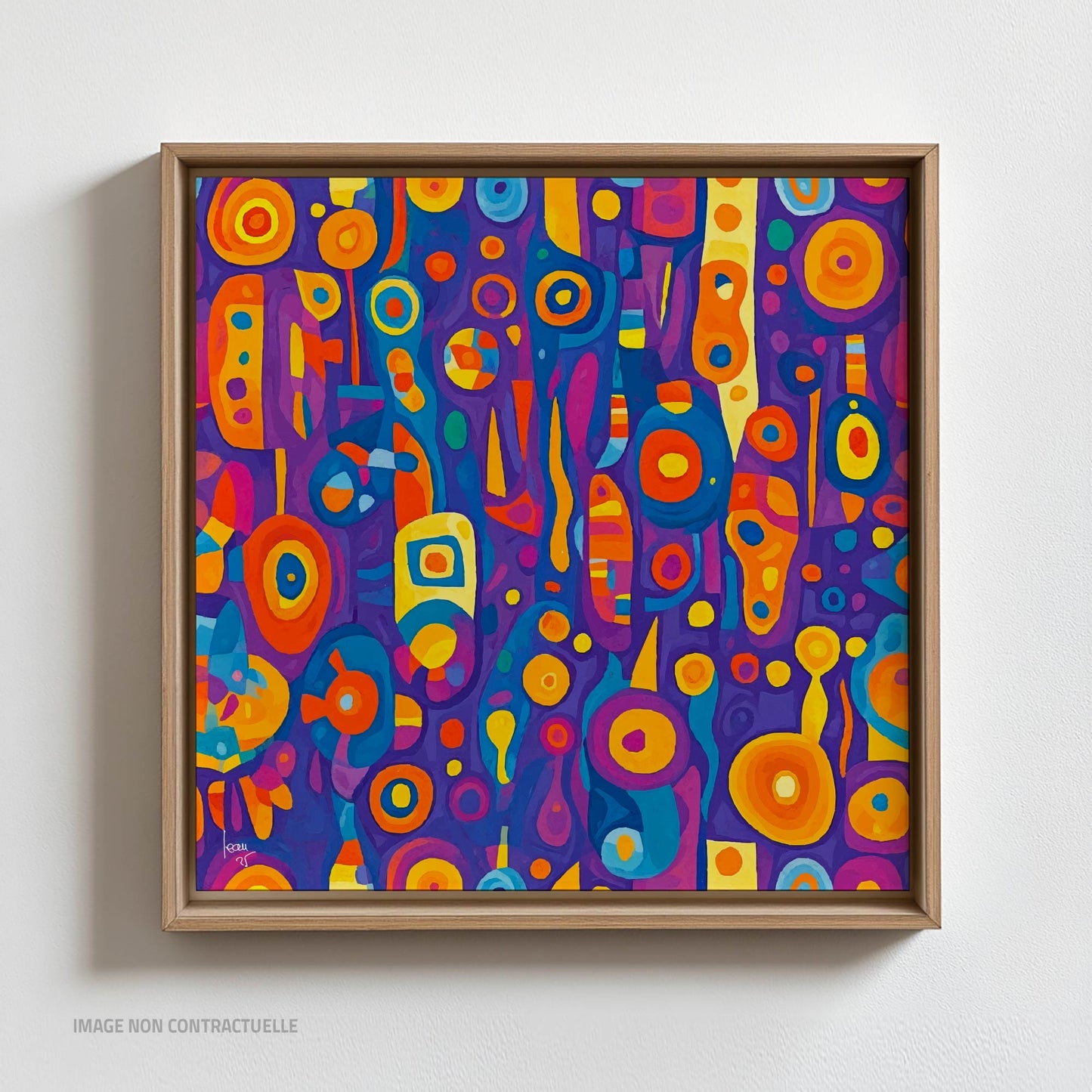 Tirage Caisse américaine Ébullition au format 110x110 cm, encadré avec soin, mettant en valeur l’énergie graphique et les couleurs lumineuses de l’œuvre.
