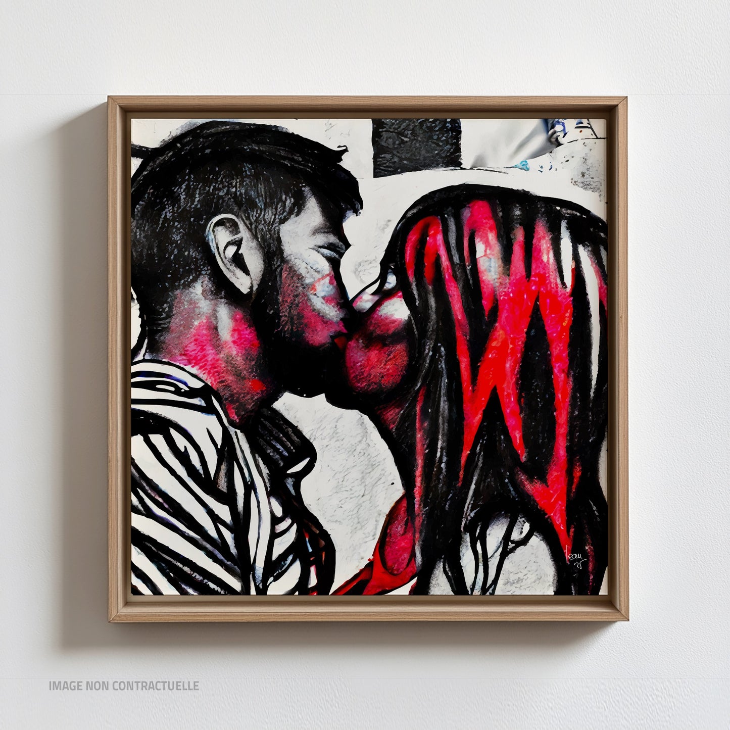 Tirage sur caisse américaine 110x110 cm de l’œuvre Incandescence, combinant intensité artistique et élégance du cadre pour un rendu haut de gamme.