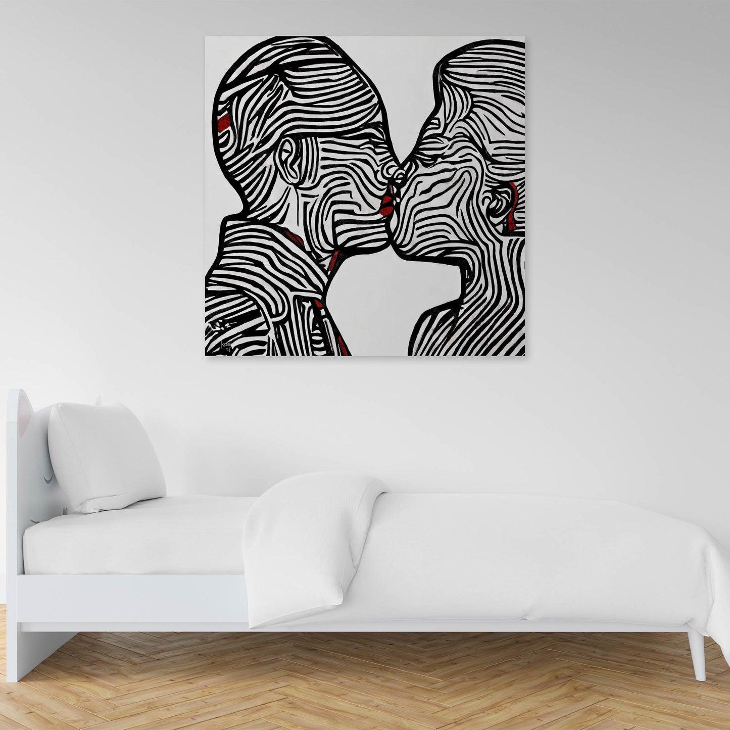 L'œuvre "Ondes" accrochée au mur d'une pièce, illustrant son impact décoratif dans un intérieur moderne.