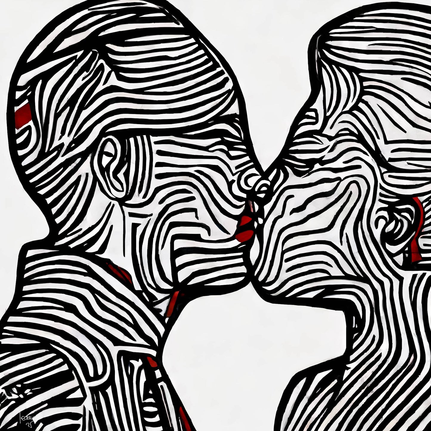 Œuvre contemporaine "Ondes" en noir, blanc et rouge représentant un couple de profil s'embrassant, avec des lignes graphiques ondulées créant un effet hypnotique et moderne.