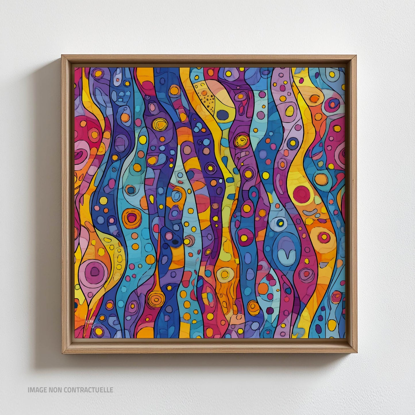Oeuvre "Aquatica" : textures fluides et effets de transparence évoquant le mouvement de l’eau. Caisse américaine 110cm x 110cm