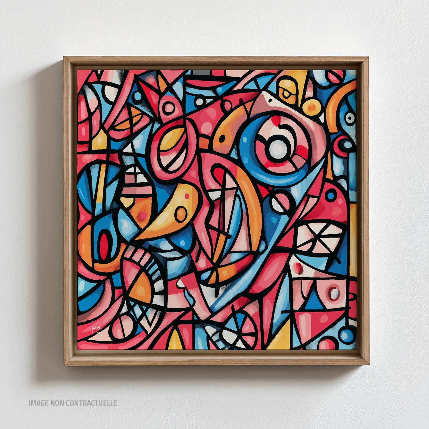 Œuvre 'OISEAUX' sur cadre flottant en bois clair, volutes graphiques et couleurs rouge, bleu, jaune, rose sur Dibond, style abstrait poétique, 2025