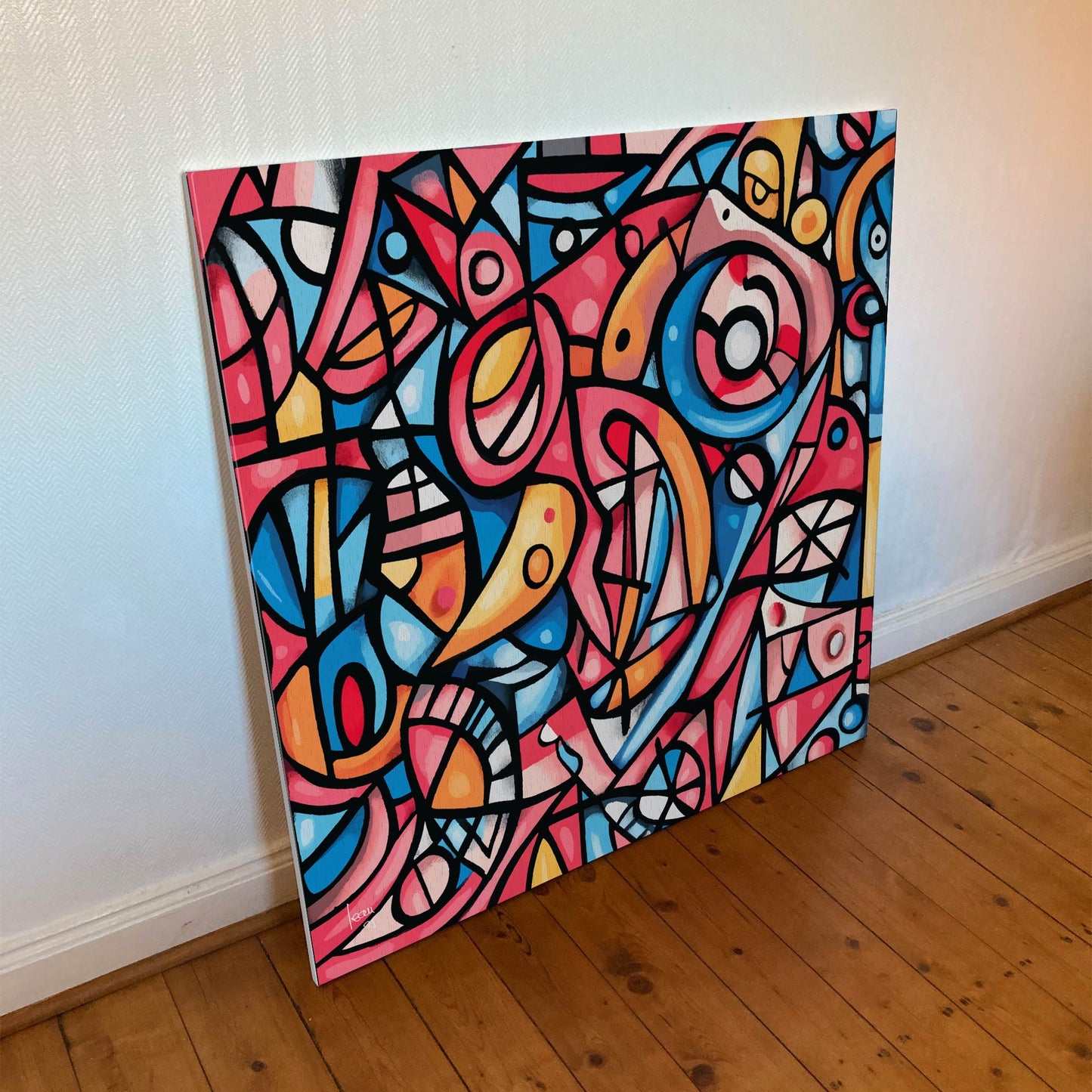 Œuvre 'OISEAUX' sur toile Hahnemühle Canvas Goya 340g, volutes graphiques en rouge, bleu, jaune, rose, art abstrait vibrant, 2025