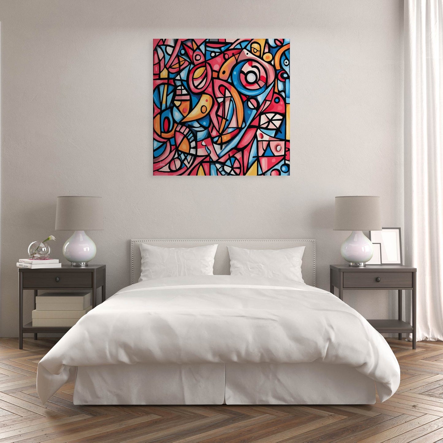 Œuvre 'OISEAUX' exposée dans une chambre moderne, volutes graphiques et couleurs vives rouge, bleu, jaune, rose, décoration intérieure poétique, 2025