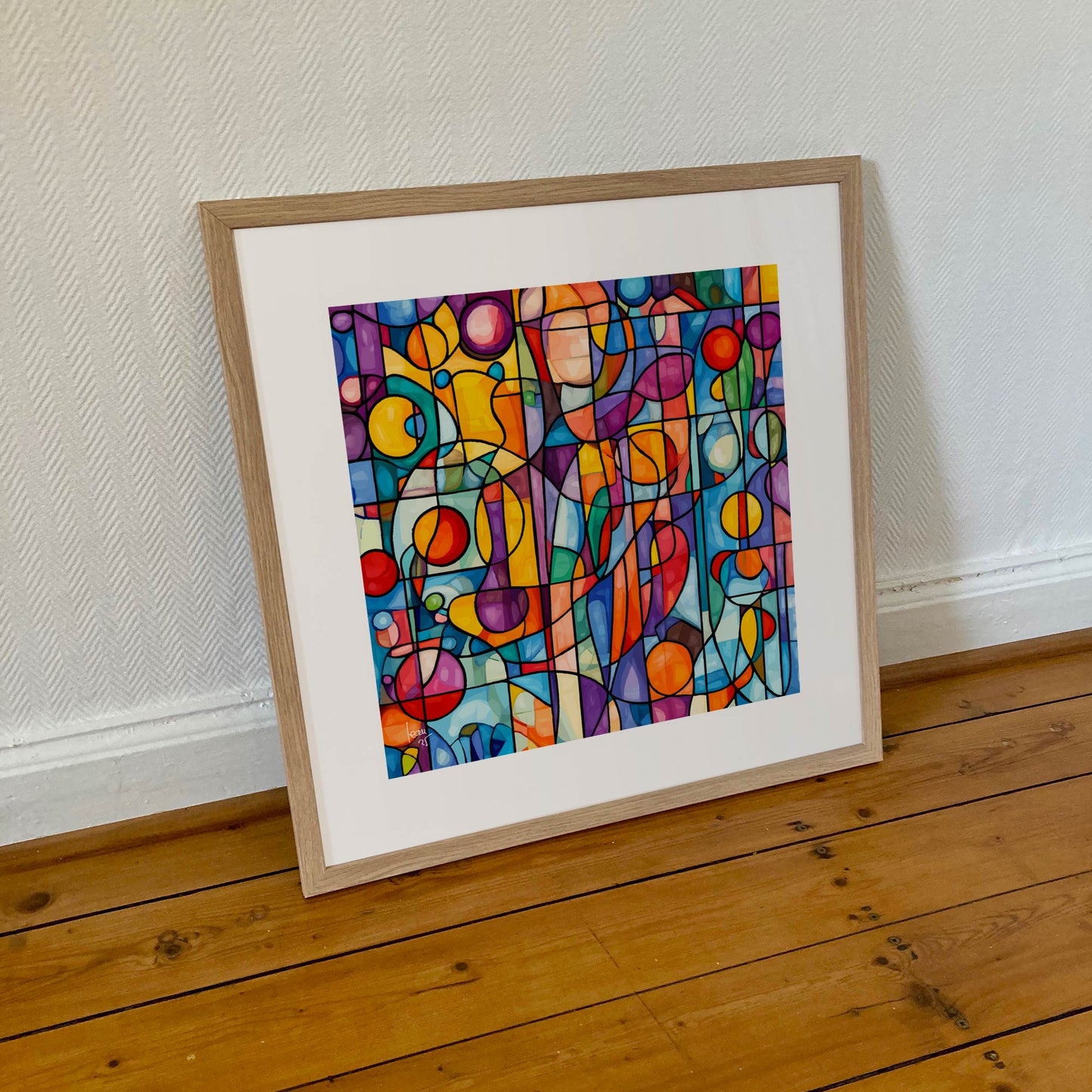 Tirage d'art encadré de "Constellation" : composition abstraite aux teintes rouges, jaunes, bleues et violettes Format 50x50 cm