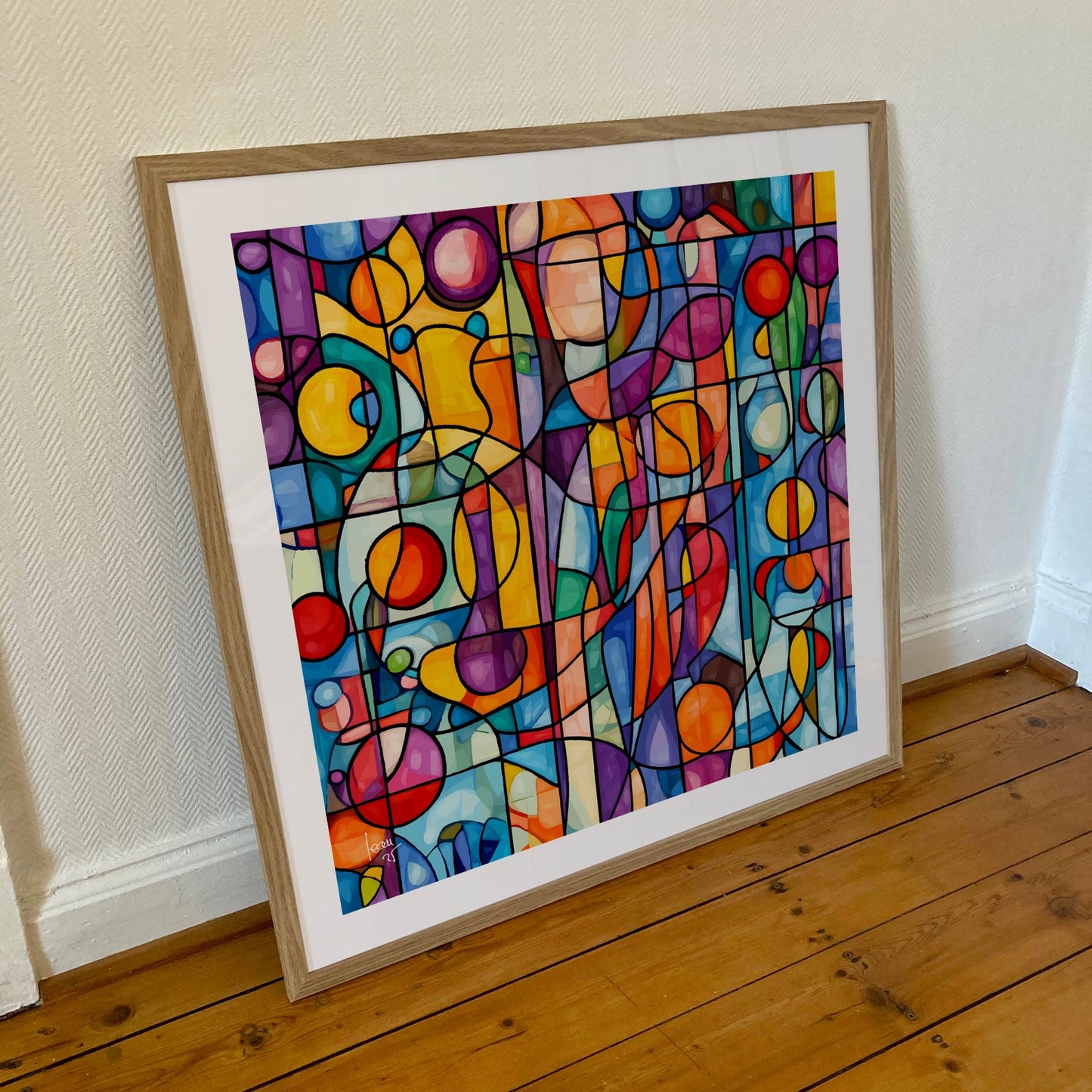Tirage d'art encadré de "Constellation" : composition abstraite aux teintes rouges, jaunes, bleues et violettes Format 70x70 cm