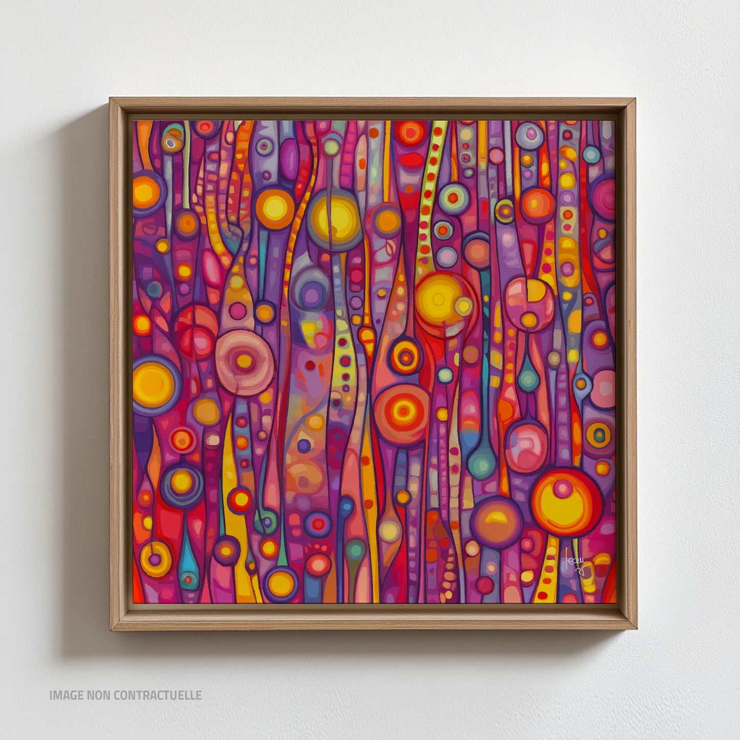 Tirage sur caisse américaine 110x110 cm de l’œuvre Florésie, associant la délicatesse artistique à une présentation élégante et raffinée.