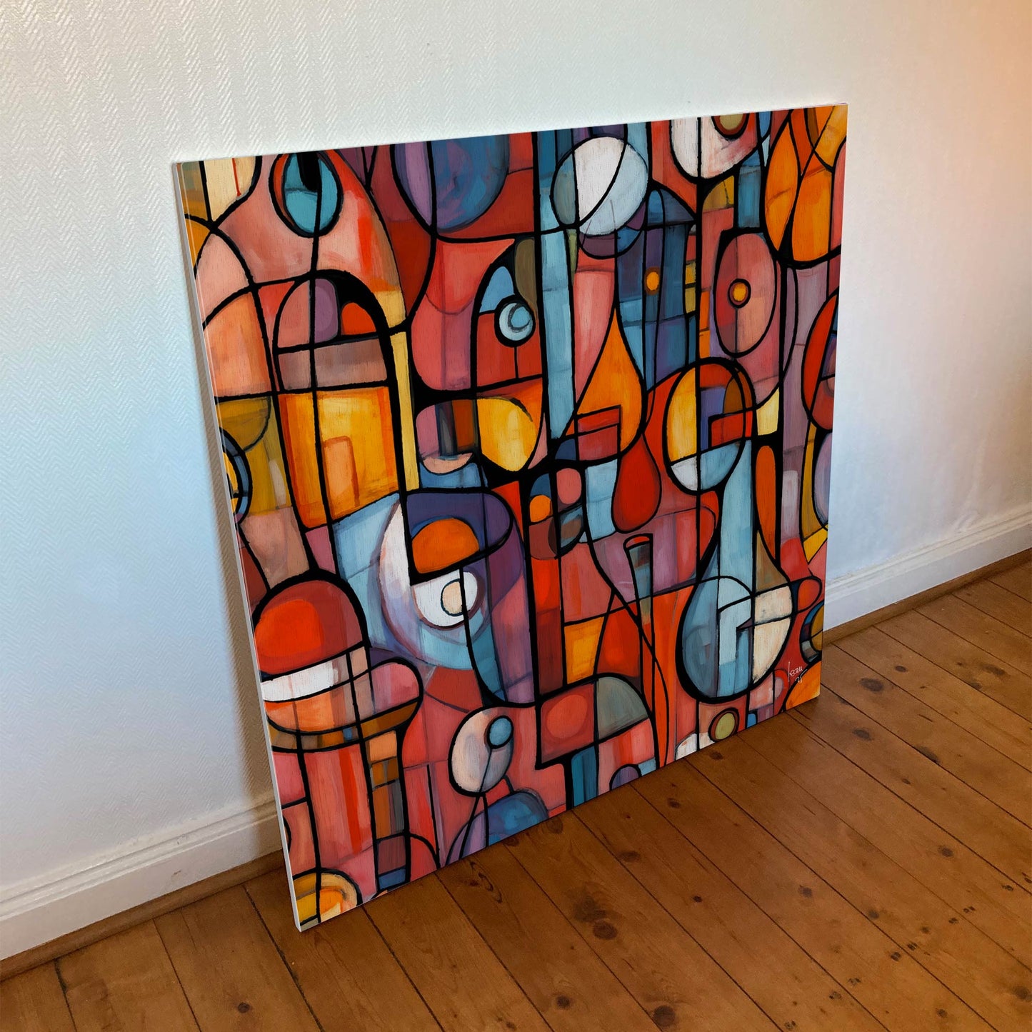 Tirage sur toile 100x100 cm de l’œuvre Portivana, révélant chaque détail de cette ville fantasmée aux couleurs pastel et aux formes épurées.