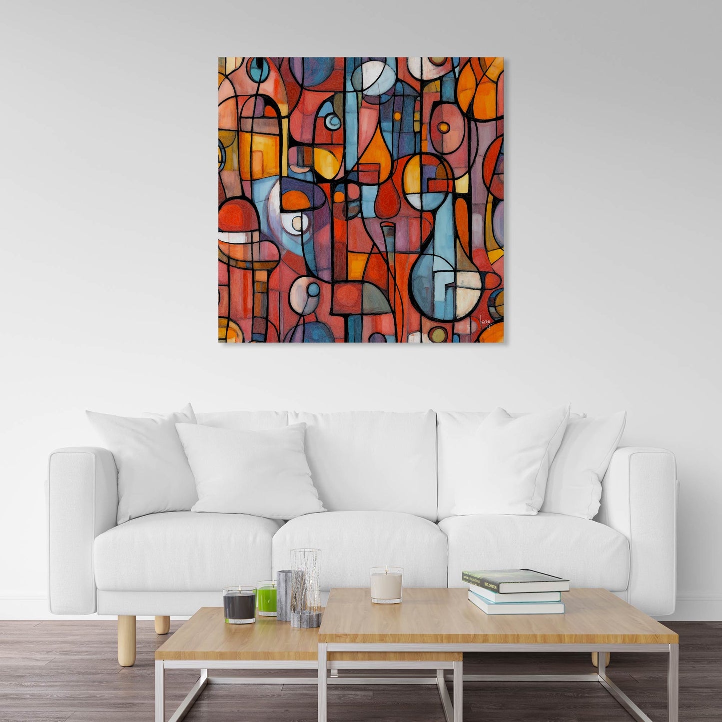 Œuvre Portivana accrochée dans un intérieur contemporain, apportant une touche artistique sophistiquée et rêveuse à la pièce.