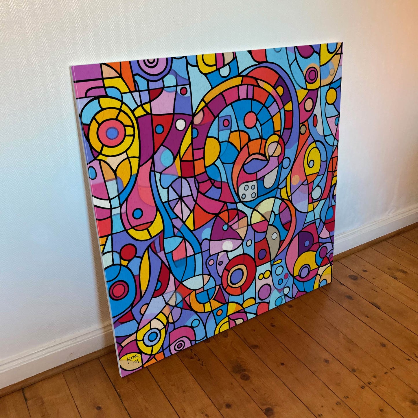Tirage sur toile 100x100 cm de l’œuvre Circadia, illustrant des formes fluides et des couleurs contrastées avec un rendu artistique de haute qualité.