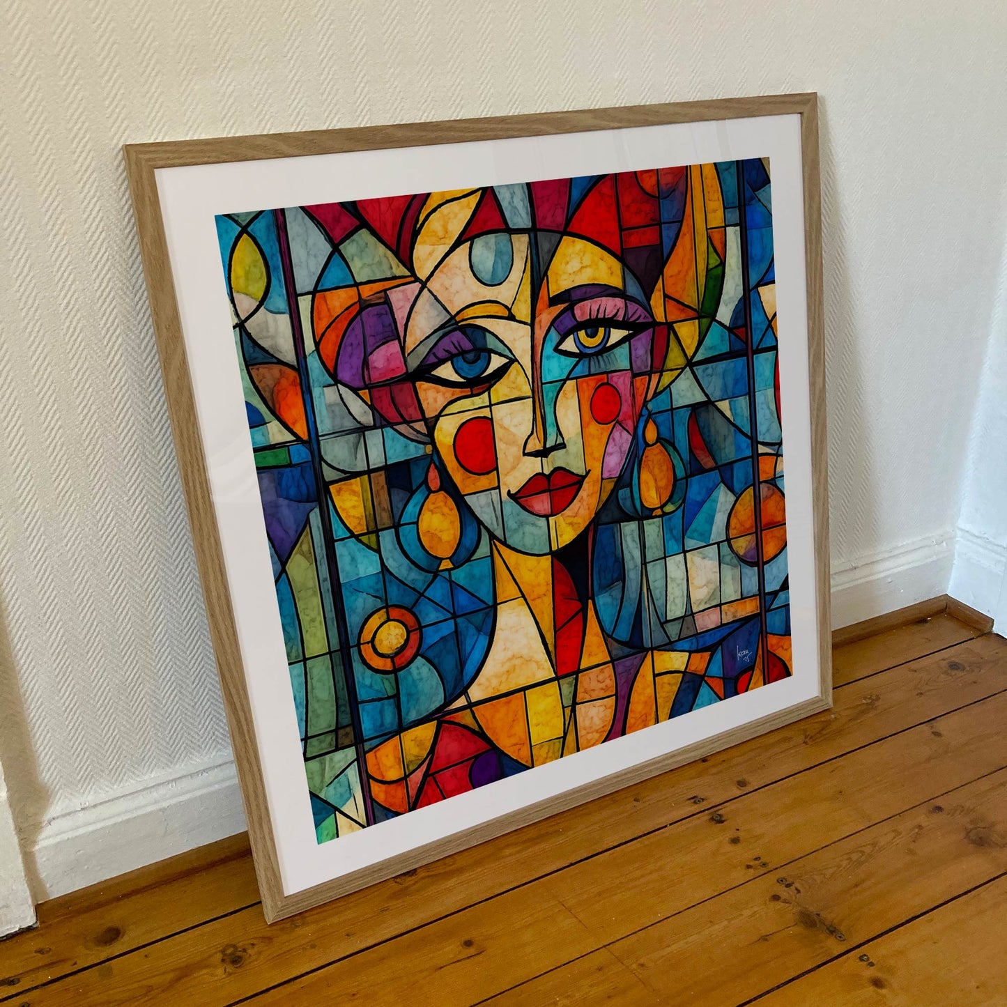 Portrait de femme Lumea en tirage encadré 70x70 cm, œuvre digitale expressive aux tons lumineux et formes fluides.