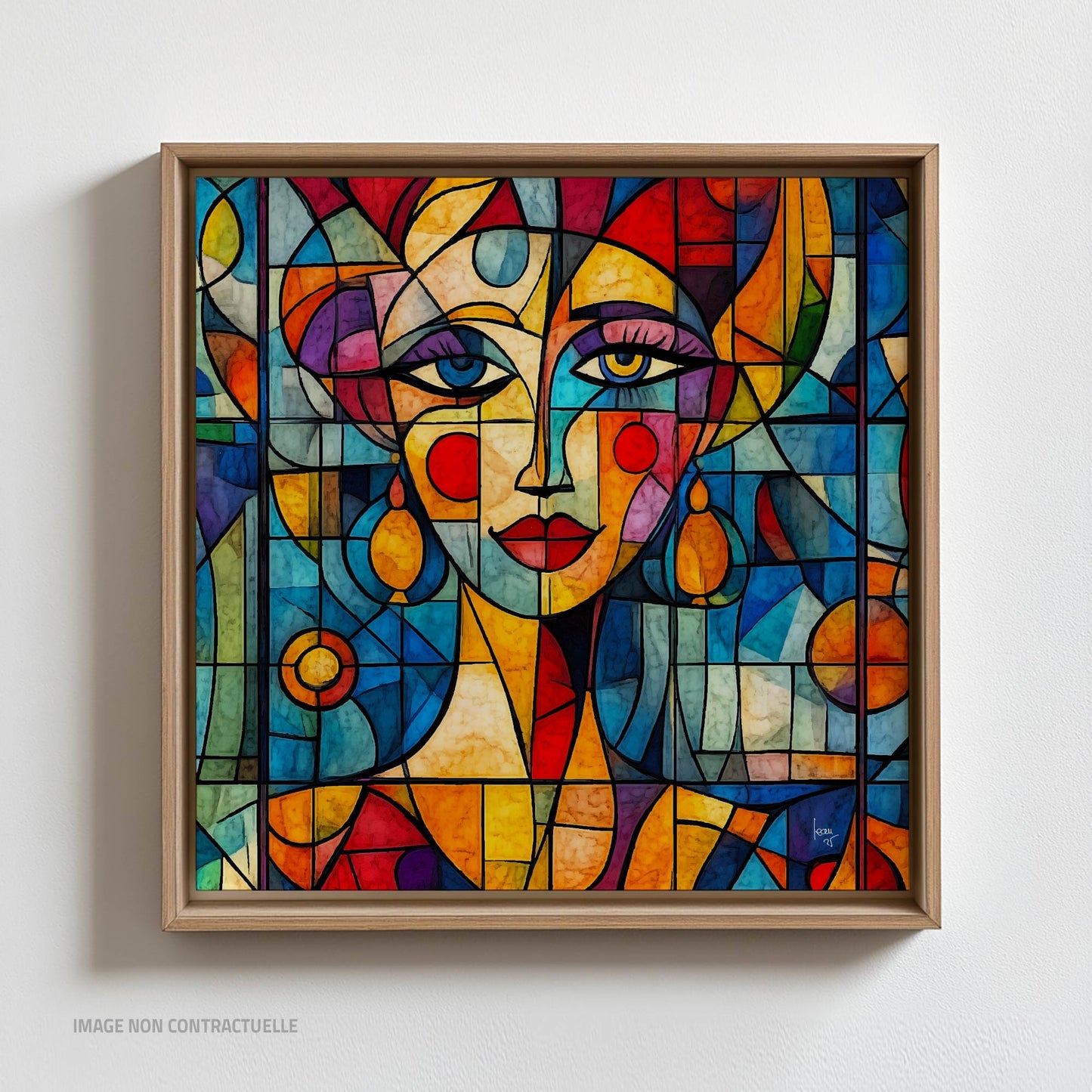 Portrait de femme Luméa en tirage sur caisse américaine 110x110 cm, œuvre digitale expressive aux tons lumineux et formes fluides.