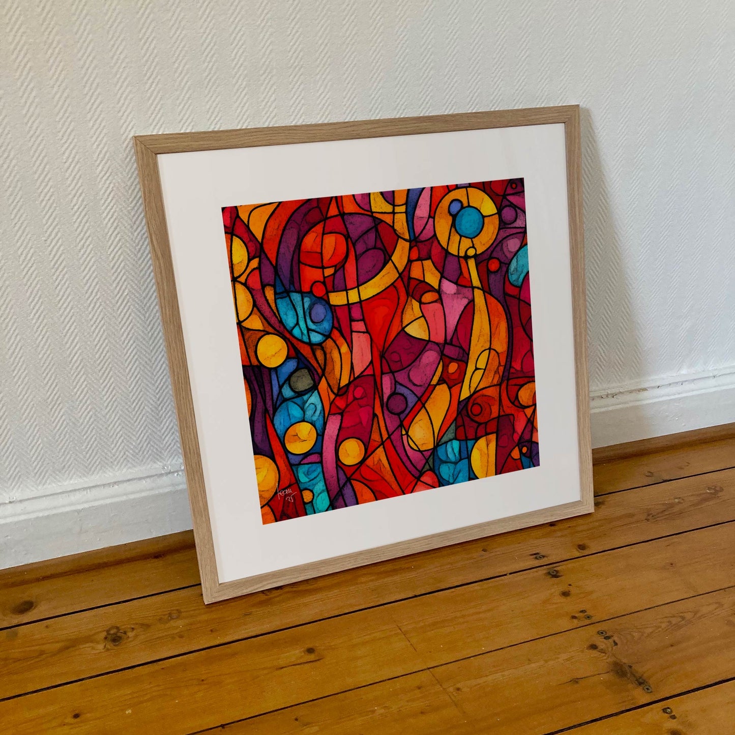 Œuvre "Effacement" encadrée au format 50×50 cm, tirage d’art aux contrastes intenses, encadré avec finition chêne clair.