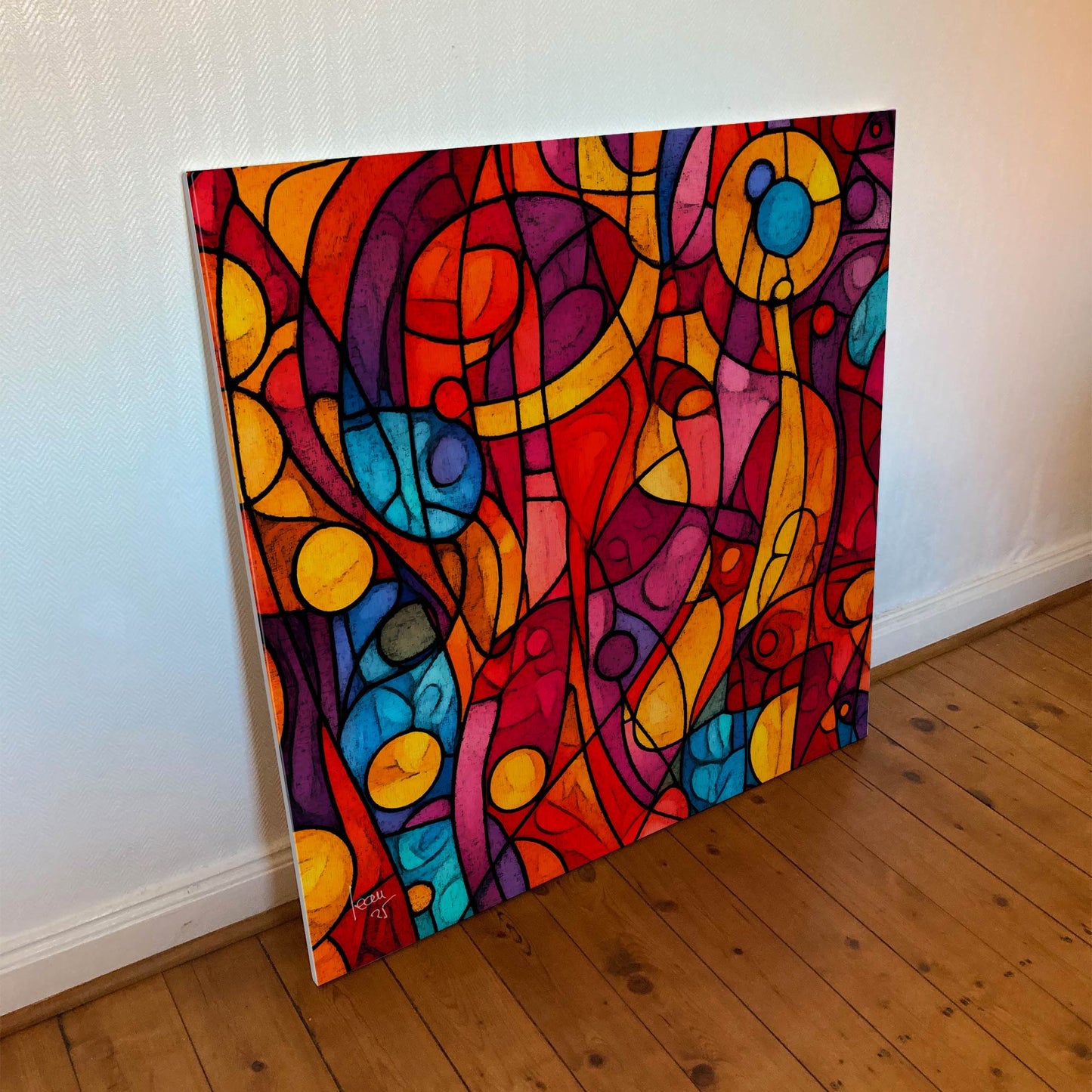 Tirage sur toile 100×100 cm de "Effacement", composition abstraite en rouge, orange et bleu, représentant la dissolution des corps dans un flux dynamique.