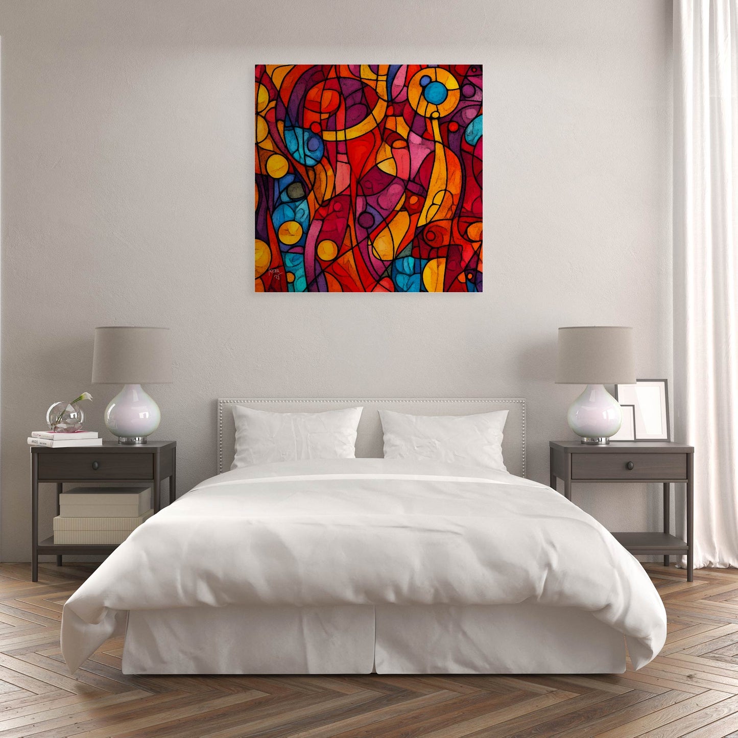 L’œuvre "Effacement" exposée dans un intérieur moderne, tableau vibrant en rouge, orange et bleu, apportant une touche artistique engagée à la décoration.
