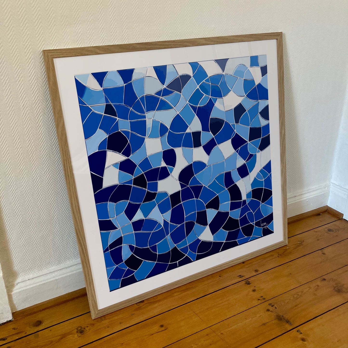 Cadre bois clair Abysses tableau moderne bleu décoration murale 70x70cm