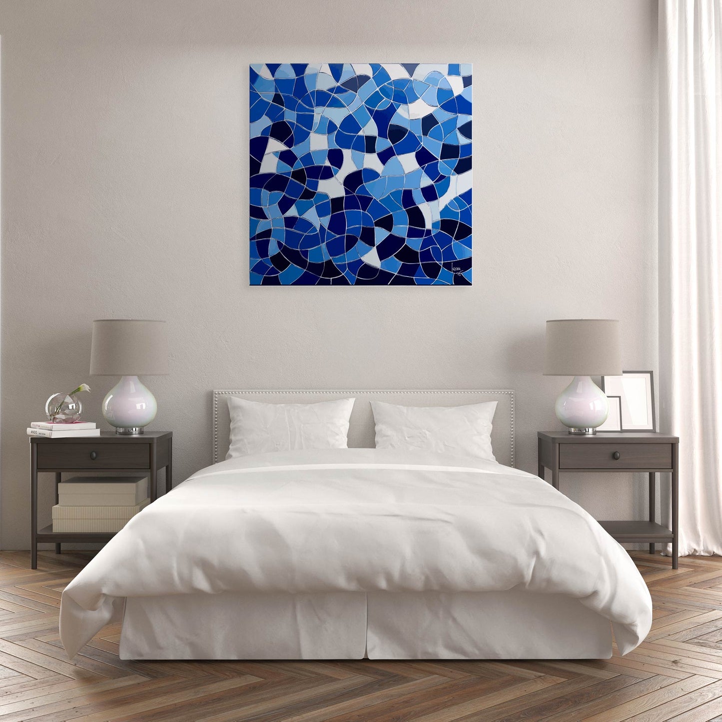 Tableau abstrait Abysses art contemporain bleu exposé dans une chambre design