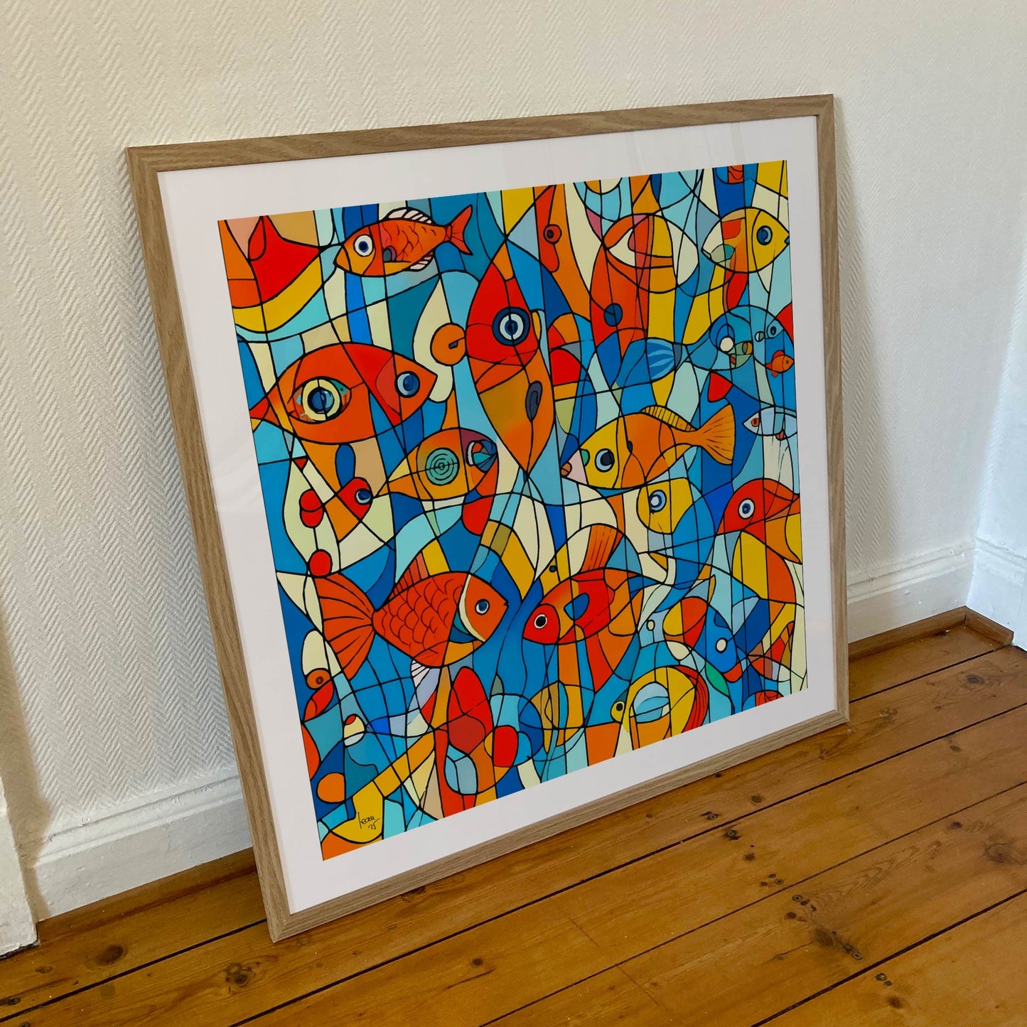 Tirage encadré 70×70 cm de l’œuvre "Aquarium", composition artistique sur le thème de l’eau, idéale pour un intérieur design et lumineux.