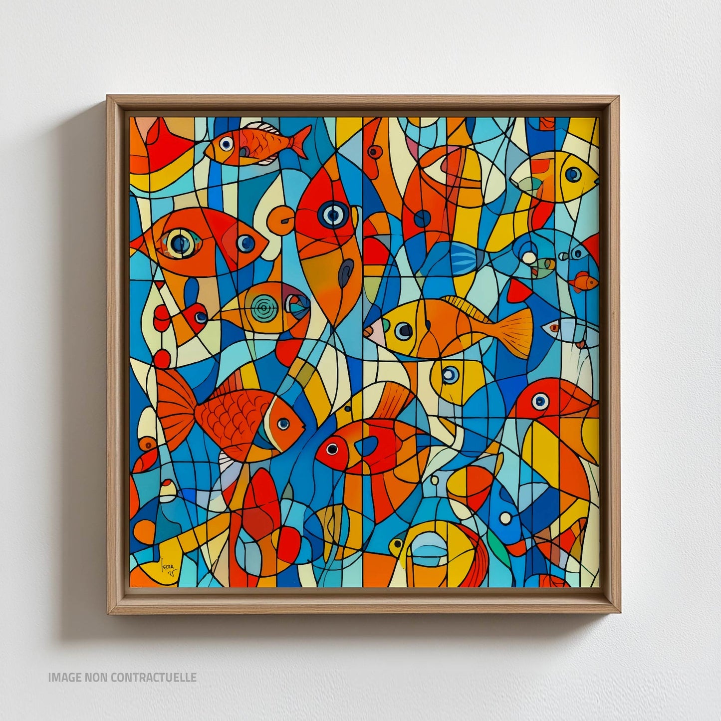 Tirage sur caisse américaine 110×110 cm de l’œuvre "Aquarium", composition artistique sur le thème de l’eau, idéale pour un intérieur design et lumineux.