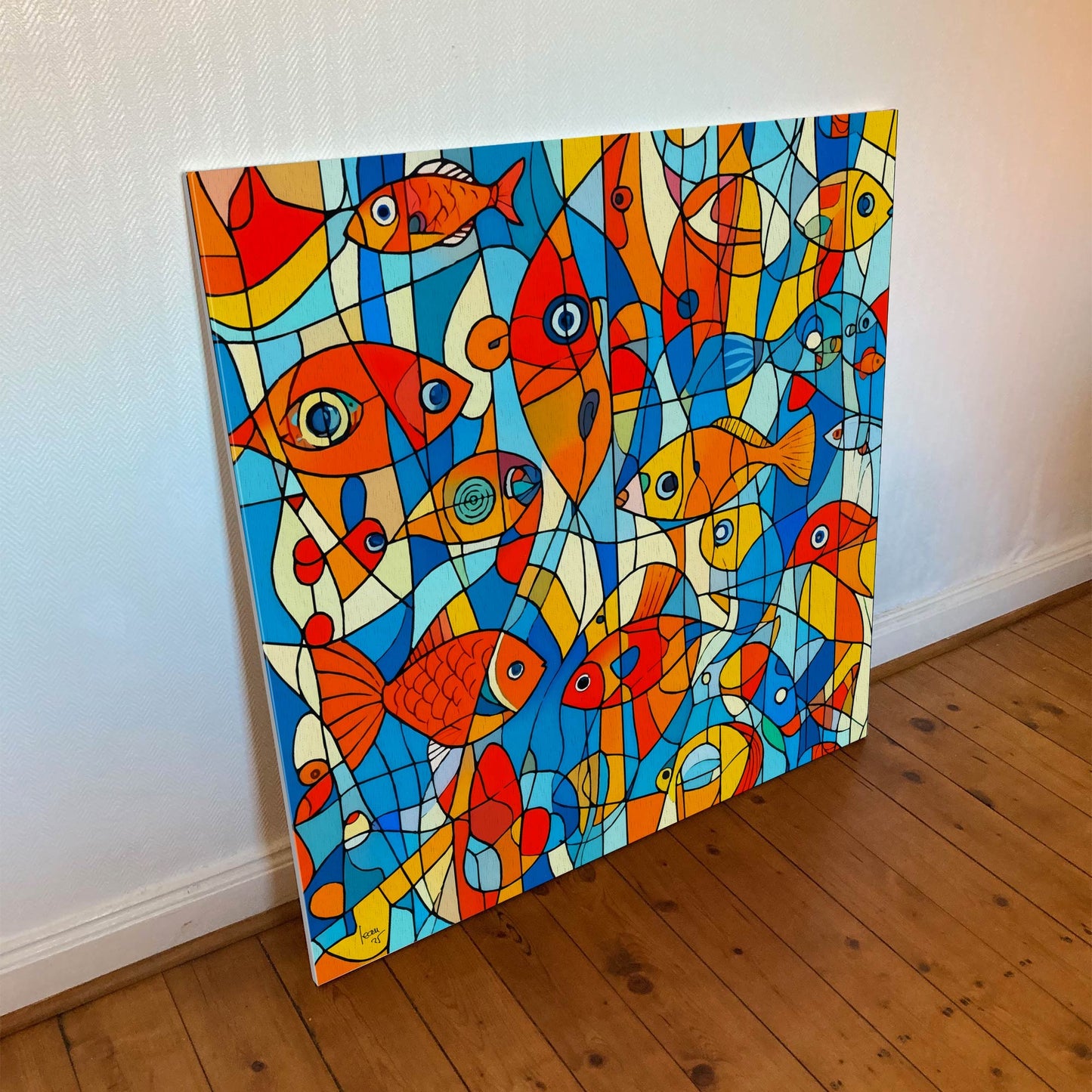 Tirage d’art "Aquarium" sur toile 100×100 cm : scène aquatique contemporaine riche en détails et en couleurs, parfait pour une décoration murale moderne.