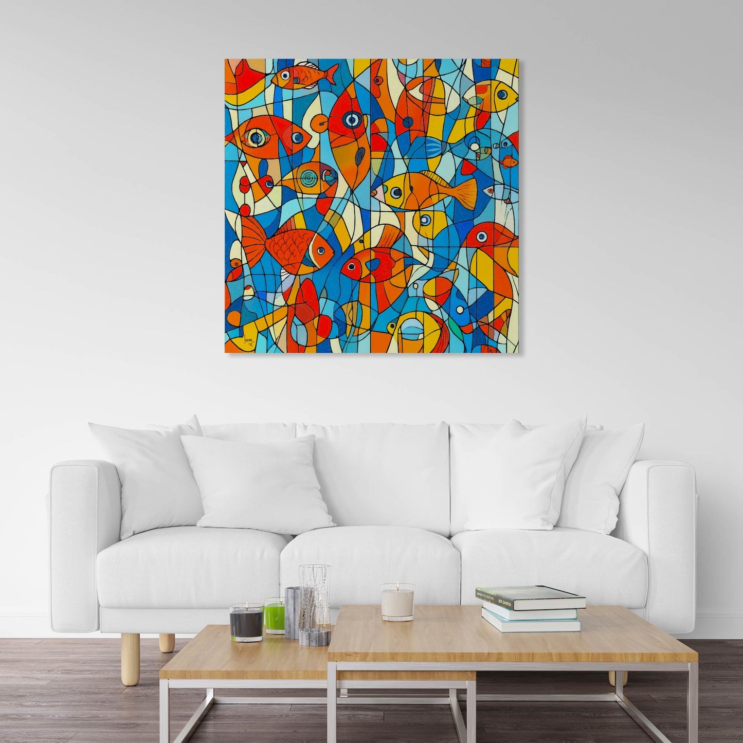 L’œuvre "Aquarium" mise en scène dans un intérieur contemporain, tableau aquatique aux teintes marines et reflets lumineux, apportant fraîcheur et poésie.