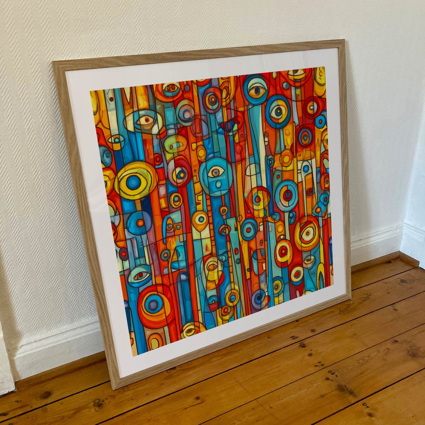 Tirage encadré 70×70 cm de l’œuvre "Orwell", composition graphique intense aux lignes denses et contrastées, encadrée avec passe-partout blanc.