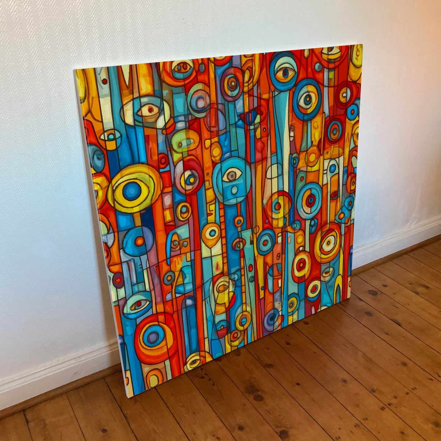 Tirage d’art grand format 100×100 cm de l’œuvre "Orwell", tableau aux couleurs vives, complexe à l’esthétique dystopique, imprimé sur toile haut de gamme.