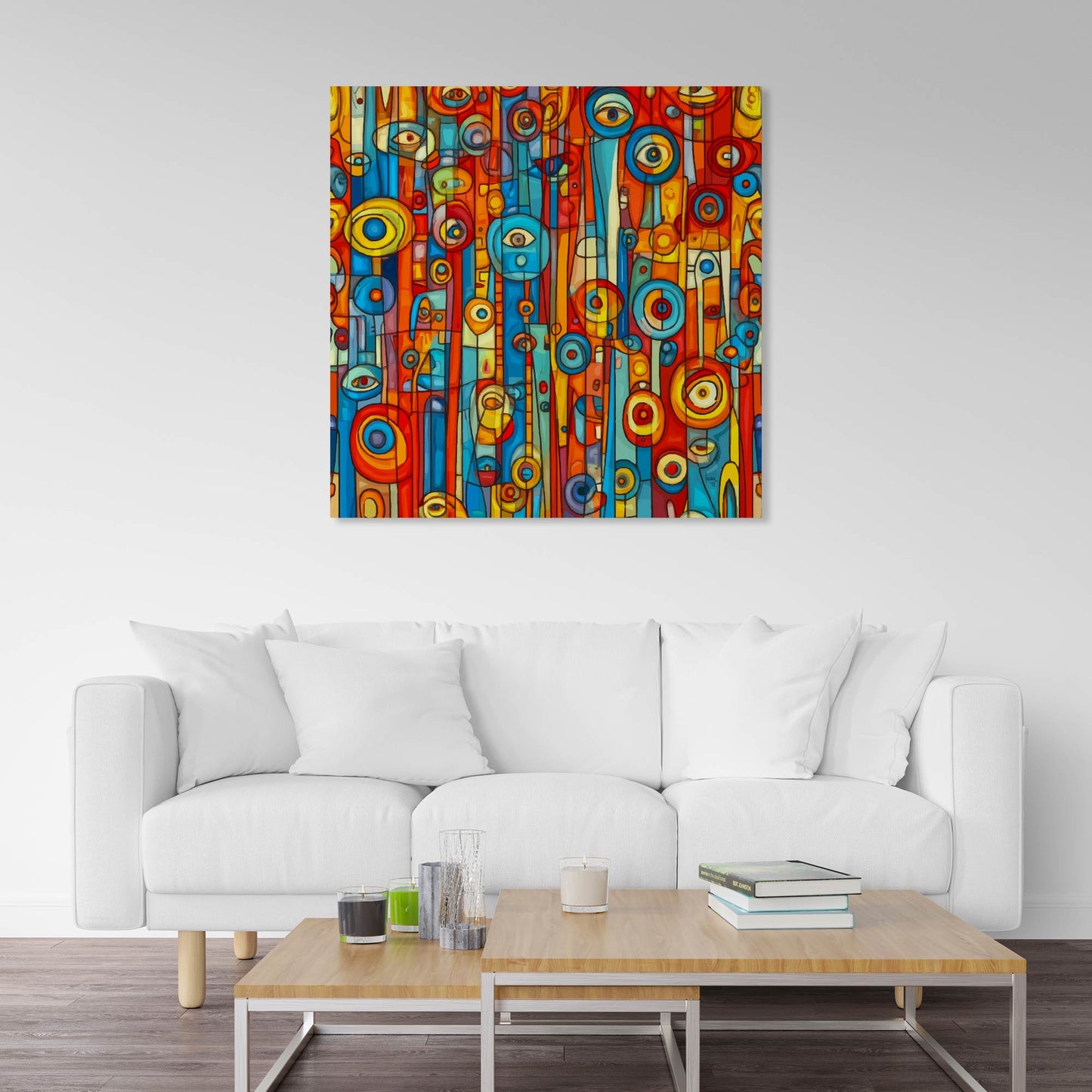 L’œuvre "Orwell" exposée dans un intérieur moderne, tableau numérique aux couleurs vives et aux allures de carte urbaine abstraite, ajoutant caractère et profondeur à l’espace.
