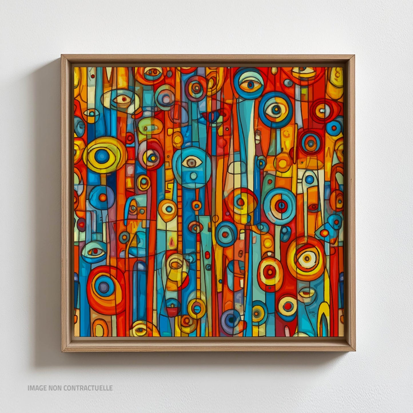 Tirage sur caisse américaine 110×110 cm de l’œuvre "Orwell", composition graphique intense aux lignes denses et contrastées