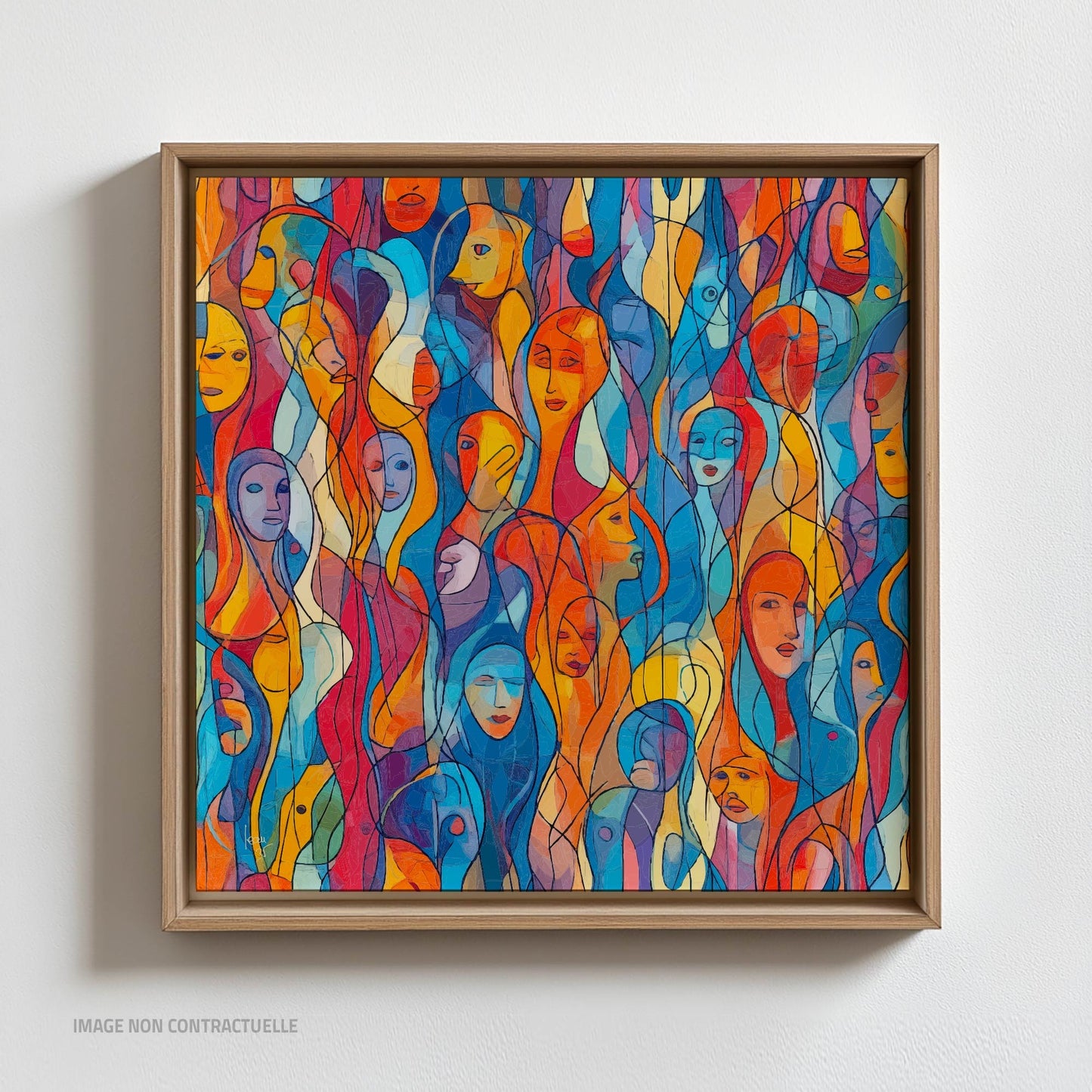 Œuvre 'EUX' sur cadre flottant en bois clair, visages colorés en bleu, orange, jaune, rouge sur Dibond, style mosaïque contemporaine, 2025