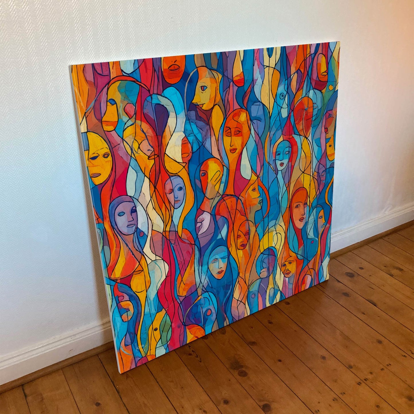 Œuvre 'EUX' sur toile Hahnemühle Canvas Goya 340g, visages colorés en bleu, orange, jaune, rouge, lignes noires, art abstrait figuratif vibrant, 2025