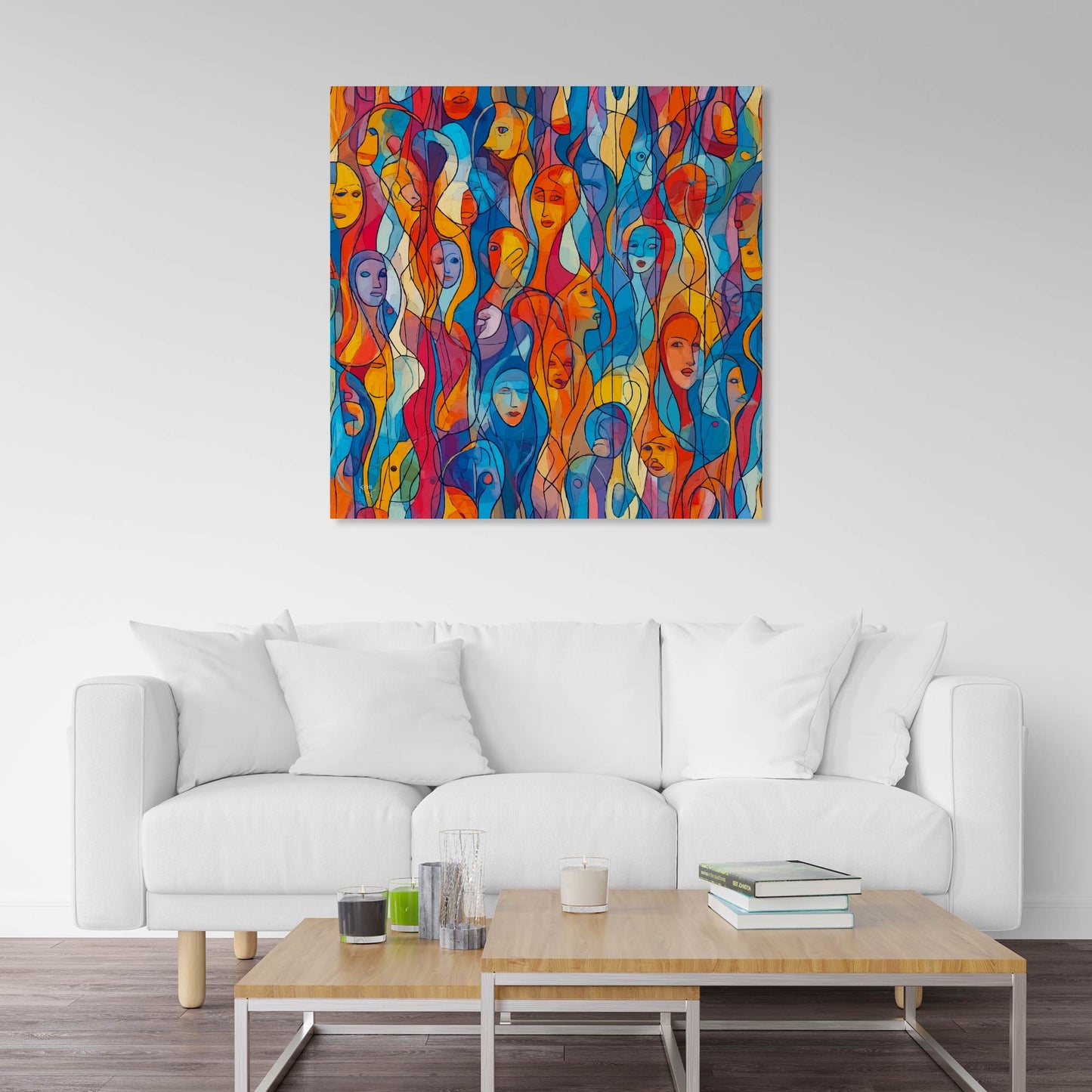 Œuvre 'EUX' exposée dans un salon moderne, mosaïque de visages colorés en bleu, orange, jaune, rouge, décoration intérieure contemporaine, 2025