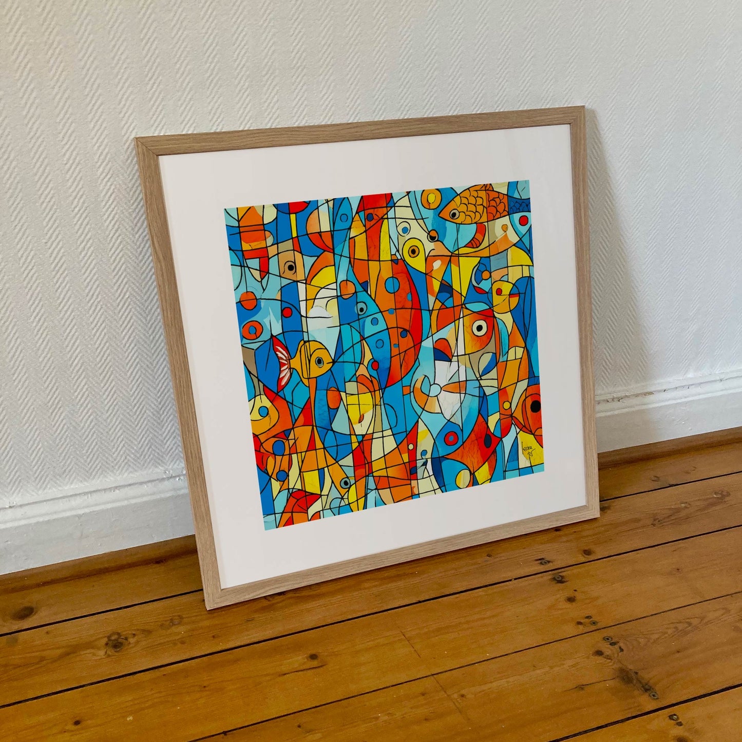 Œuvre 'OCÉANIA' encadrée en 50x50cm, bleus profonds, oranges et reflets dorés, cadre en bois clair, art aquatique vibrant, 2025